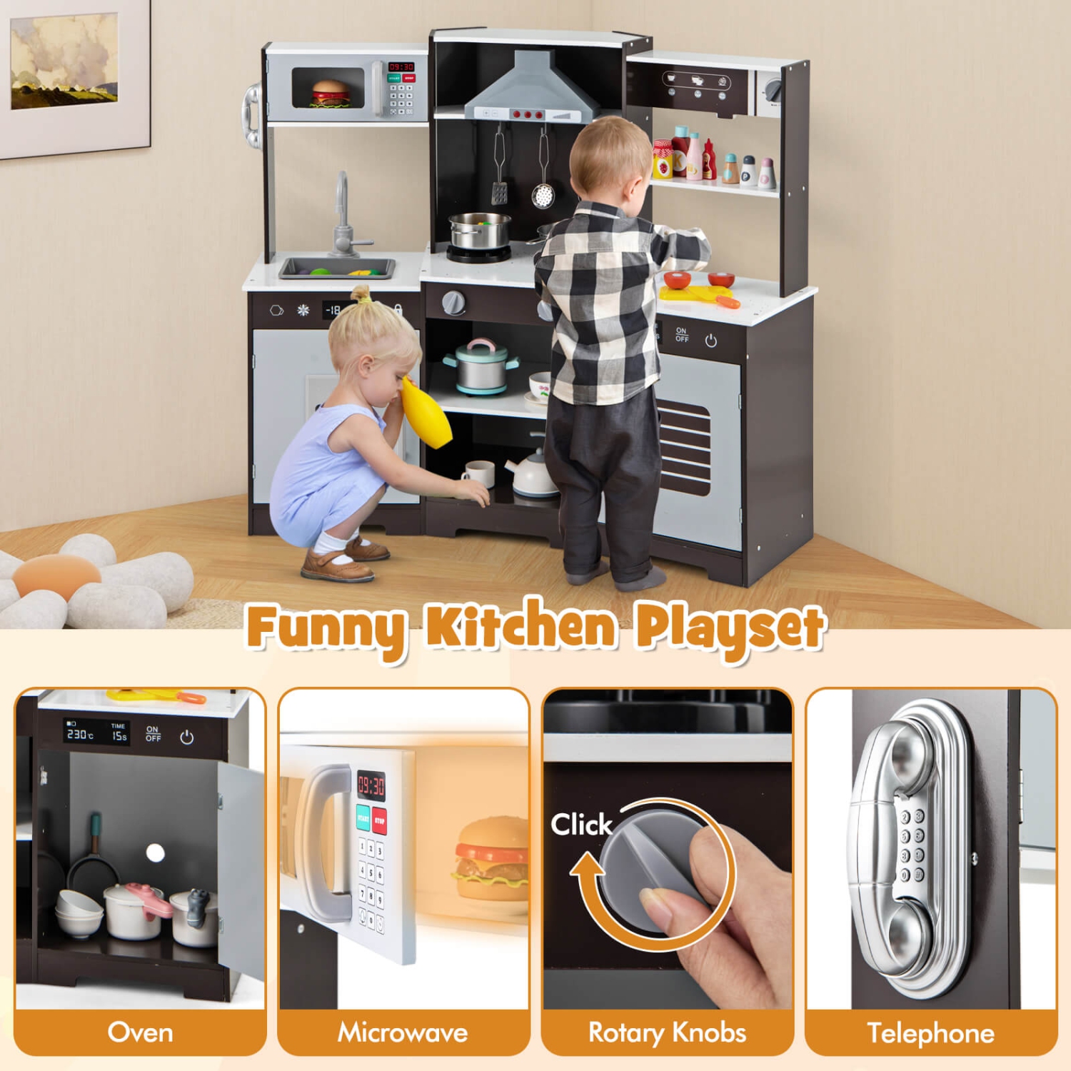 Costway Pretend Play Kitchen for Kids Toddler Aged 3+ Wooden Toy Set with Range Hood