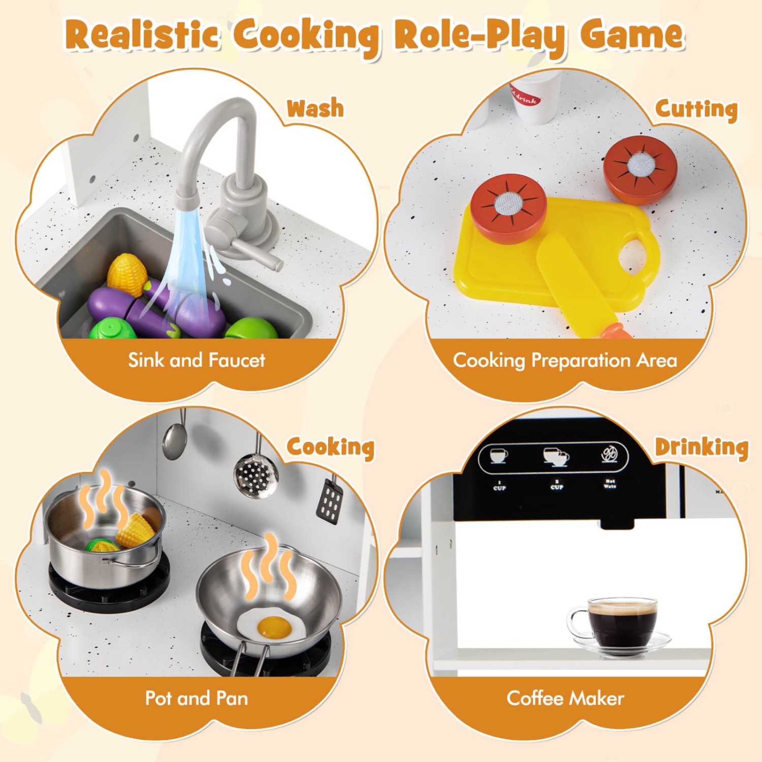 Costway Pretend Play Kitchen for Kids Toddler Aged 3+ Wooden Toy Set with Range Hood