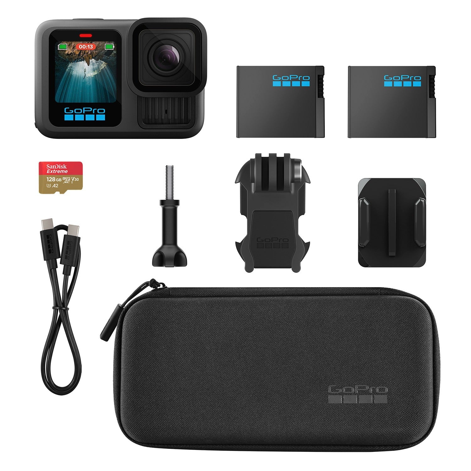 GoPro HERO13 Black – Ensemble essentiel&nbsp;: GoPro HERO 13 Black avec 2 batterie supplémentaire, étui compact et carte SD de 128&nbsp;Go