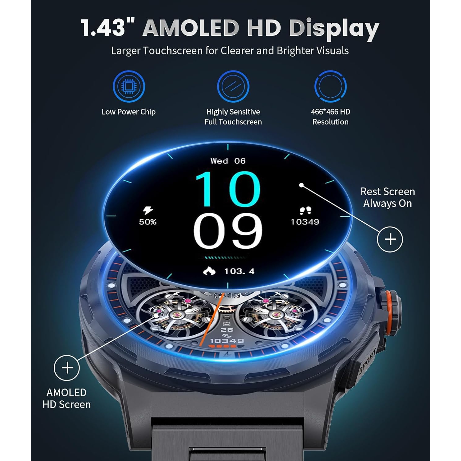 TUTT Smart Watch for Men AMOLED HD Screen Metal Case | 1.43'' Military Rugged IP68 Waterproof | Health and Fitness SL6 LIGE | Rubber & Metal