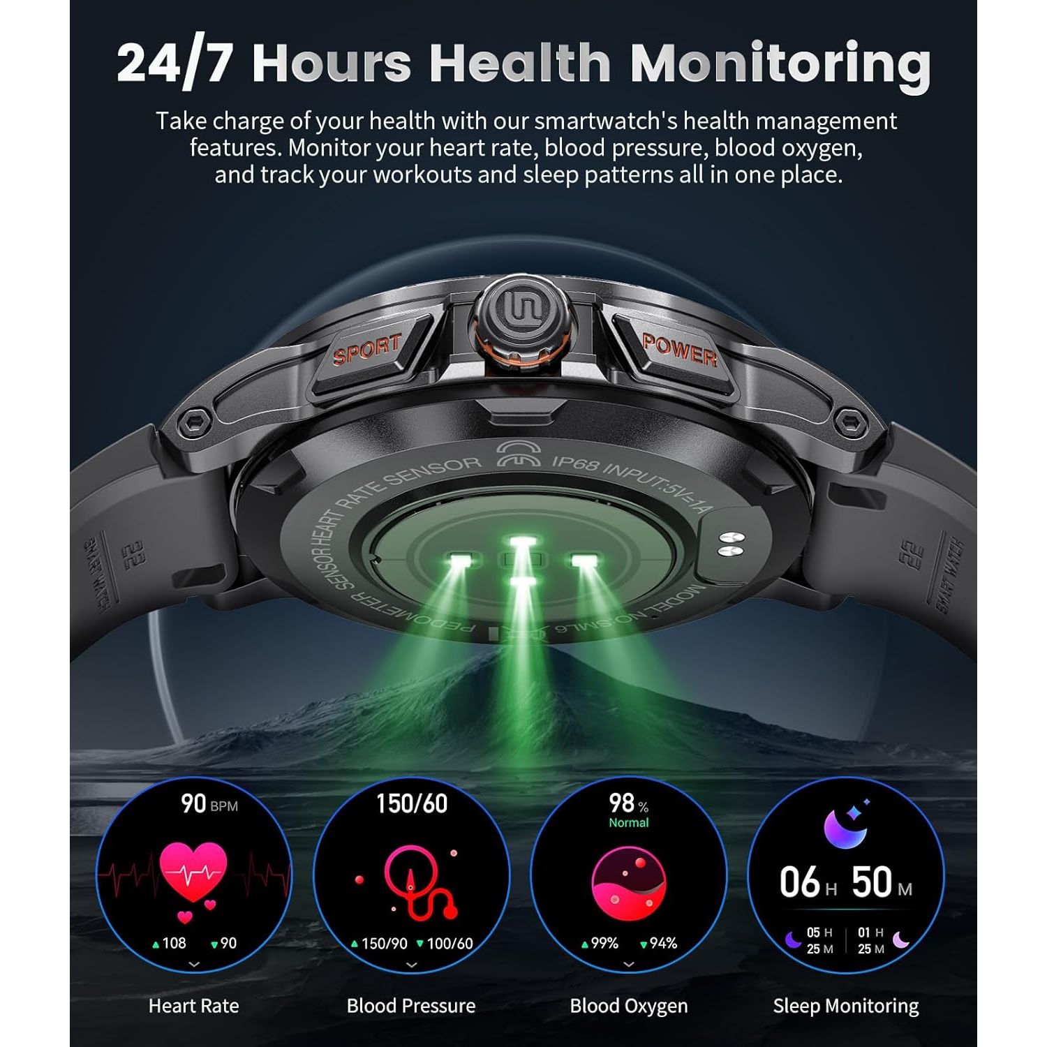 TUTT Smart Watch for Men AMOLED HD Screen Metal Case | 1.43'' Military Rugged IP68 Waterproof | Health and Fitness SL6 LIGE | Rubber & Metal