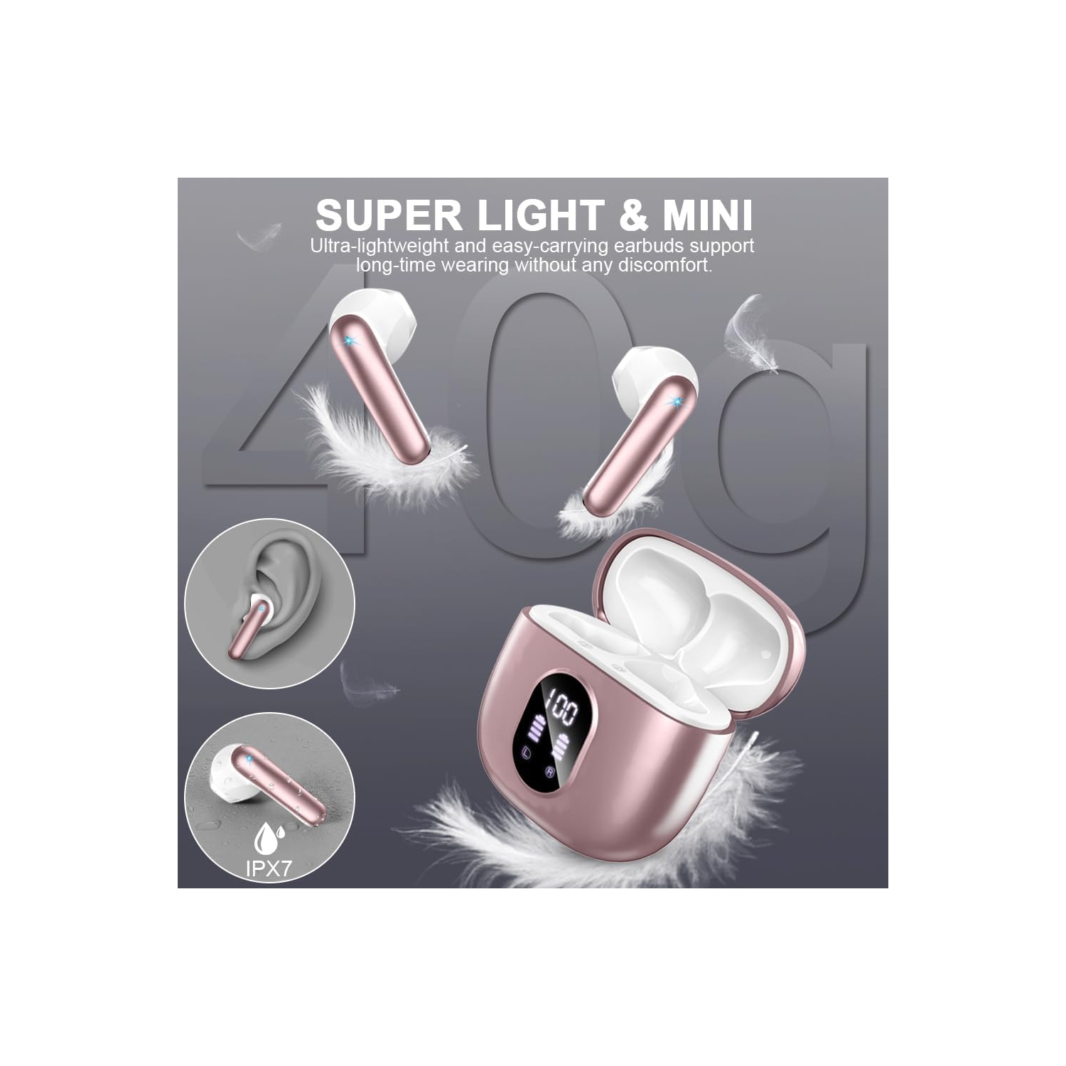 Bluetooth Headphones Wireless Earbuds,Mini Bluetooth Earbuds with 4 HD ENC Noise Cancelling Mics, 50H Playtime Wireless Earphones Waterproof, LED