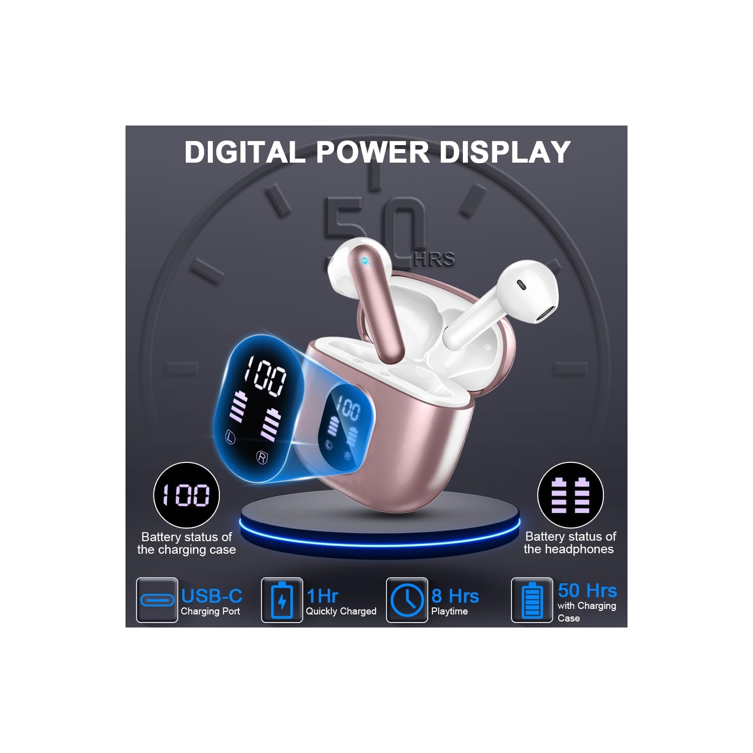 Bluetooth Headphones Wireless Earbuds,Mini Bluetooth Earbuds with 4 HD ENC Noise Cancelling Mics, 50H Playtime Wireless Earphones Waterproof, LED