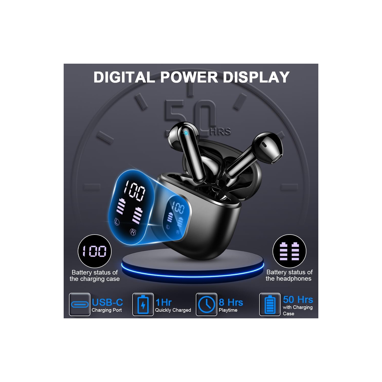 Bluetooth Headphones Wireless Earbuds,Mini Bluetooth Earbuds with 4 HD ENC Noise Cancelling Mics, 50H Playtime Wireless Earphones Waterproof, LED