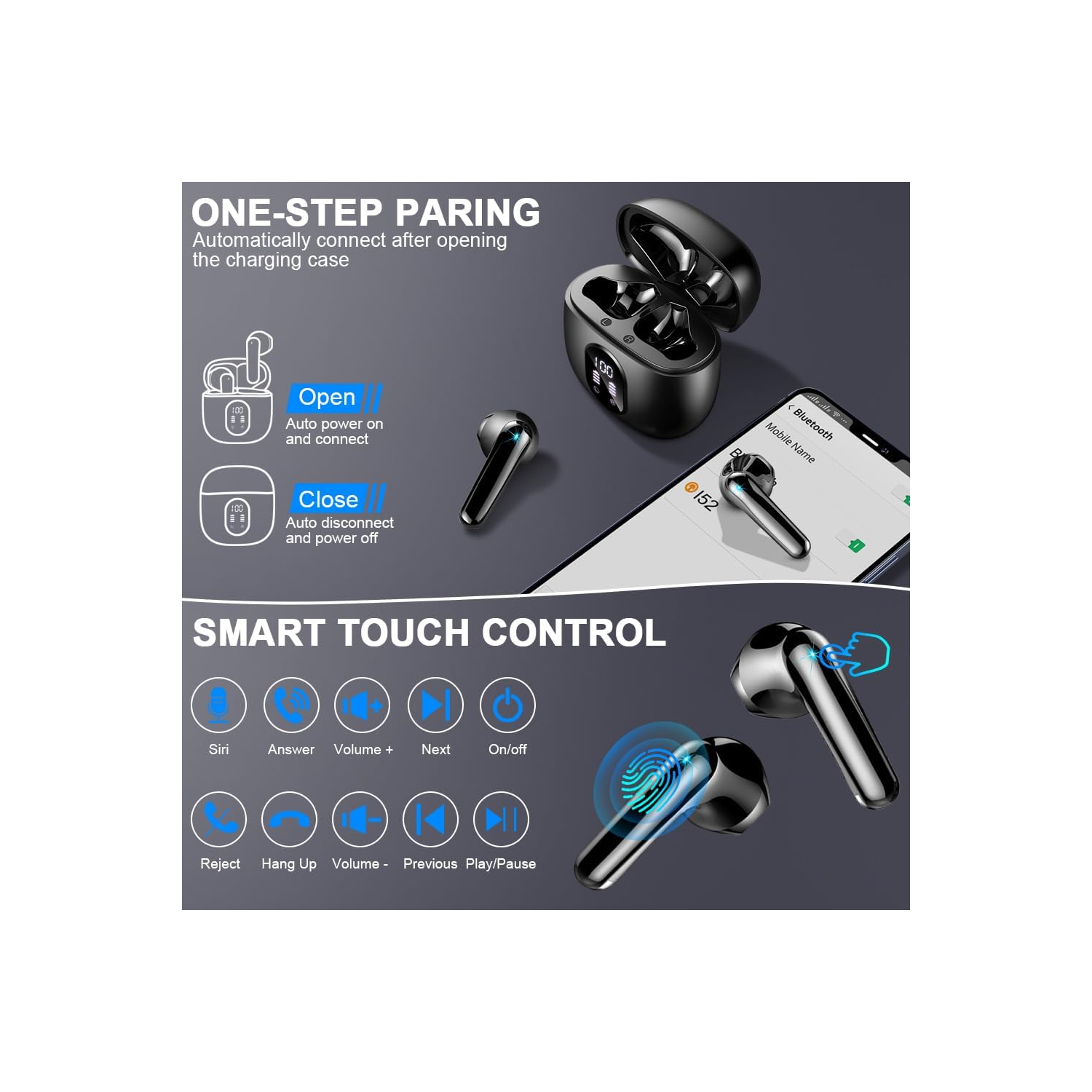 Bluetooth Headphones Wireless Earbuds,Mini Bluetooth Earbuds with 4 HD ENC Noise Cancelling Mics, 50H Playtime Wireless Earphones Waterproof, LED