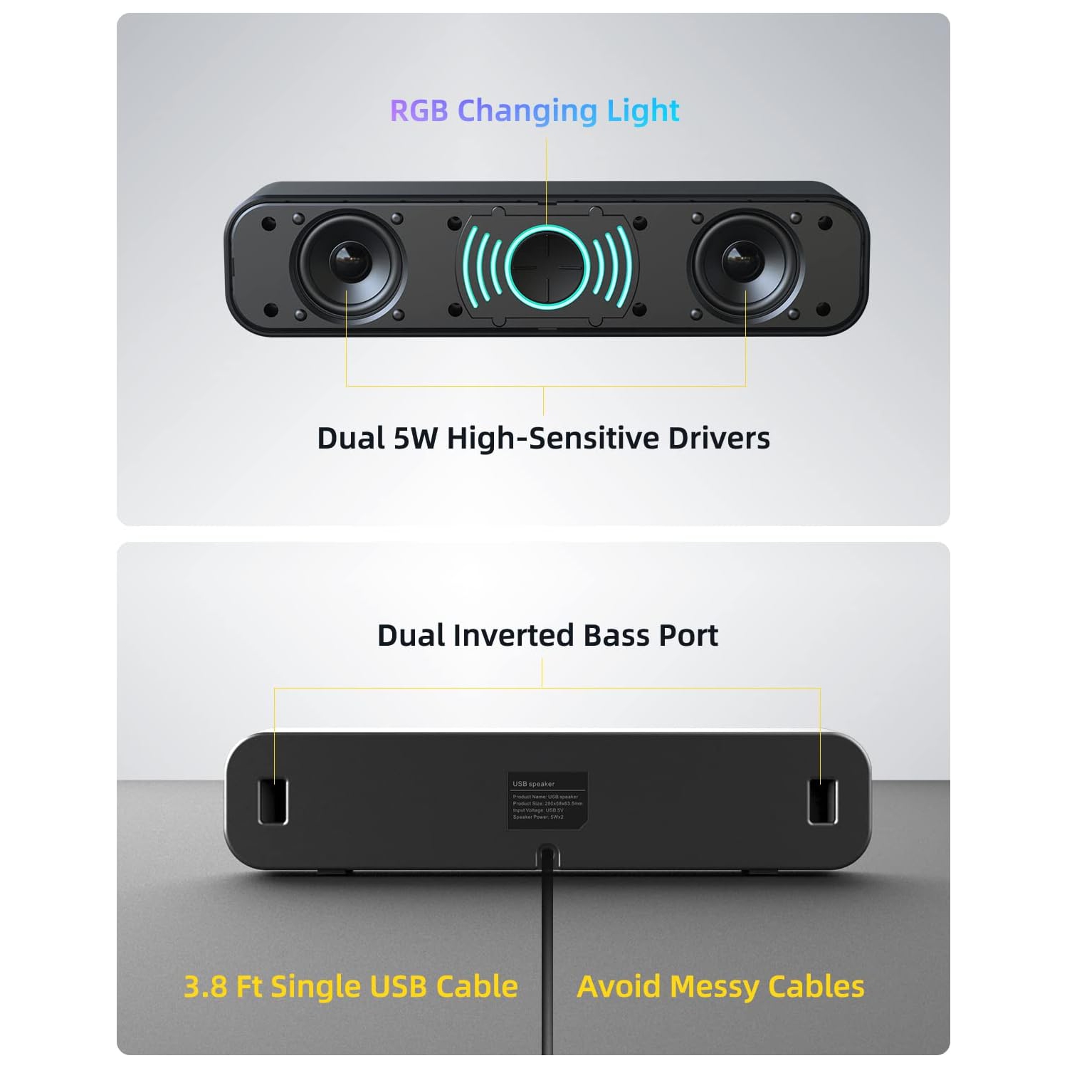 USB Computer Speakers for Desktop, Laptop, PC Gaming Speakers, Computer Sound Bar with Stereo Loud Sound, Enhanced Bass, Dynamic RGB Light