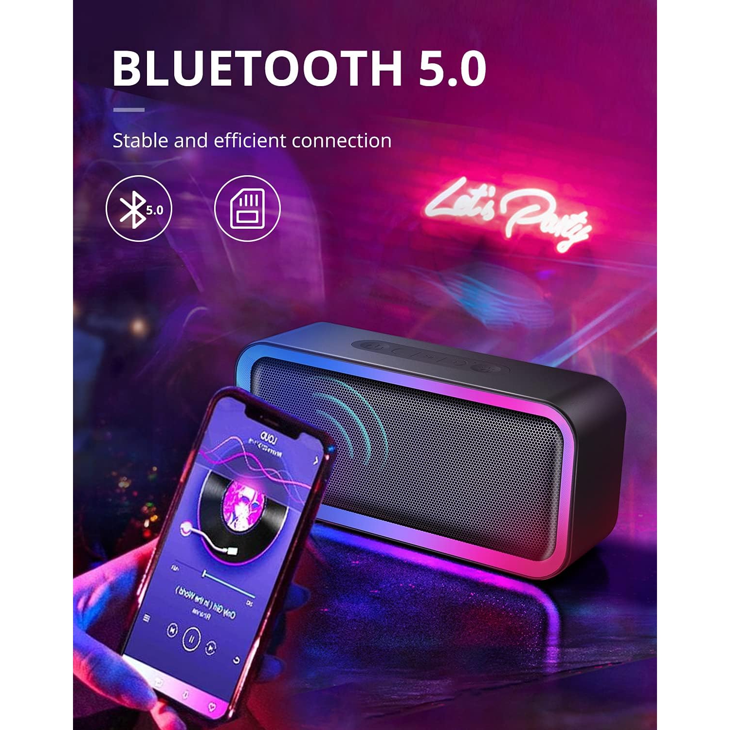 IPX5 Waterproof Wireless Bluetooth Speaker Portable Bluetooth Speaker with RGB Lights, Hi-Fi Loud Stereo Sound