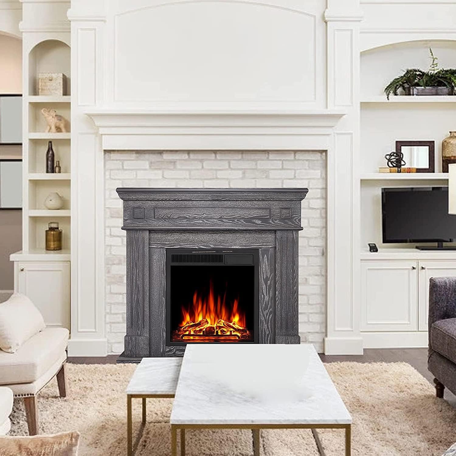 Foyer électrique en bois avec manteau ZAFRO, radiateur encastrable amovible pour le salon, télécommande 750/1500W ETL, gris