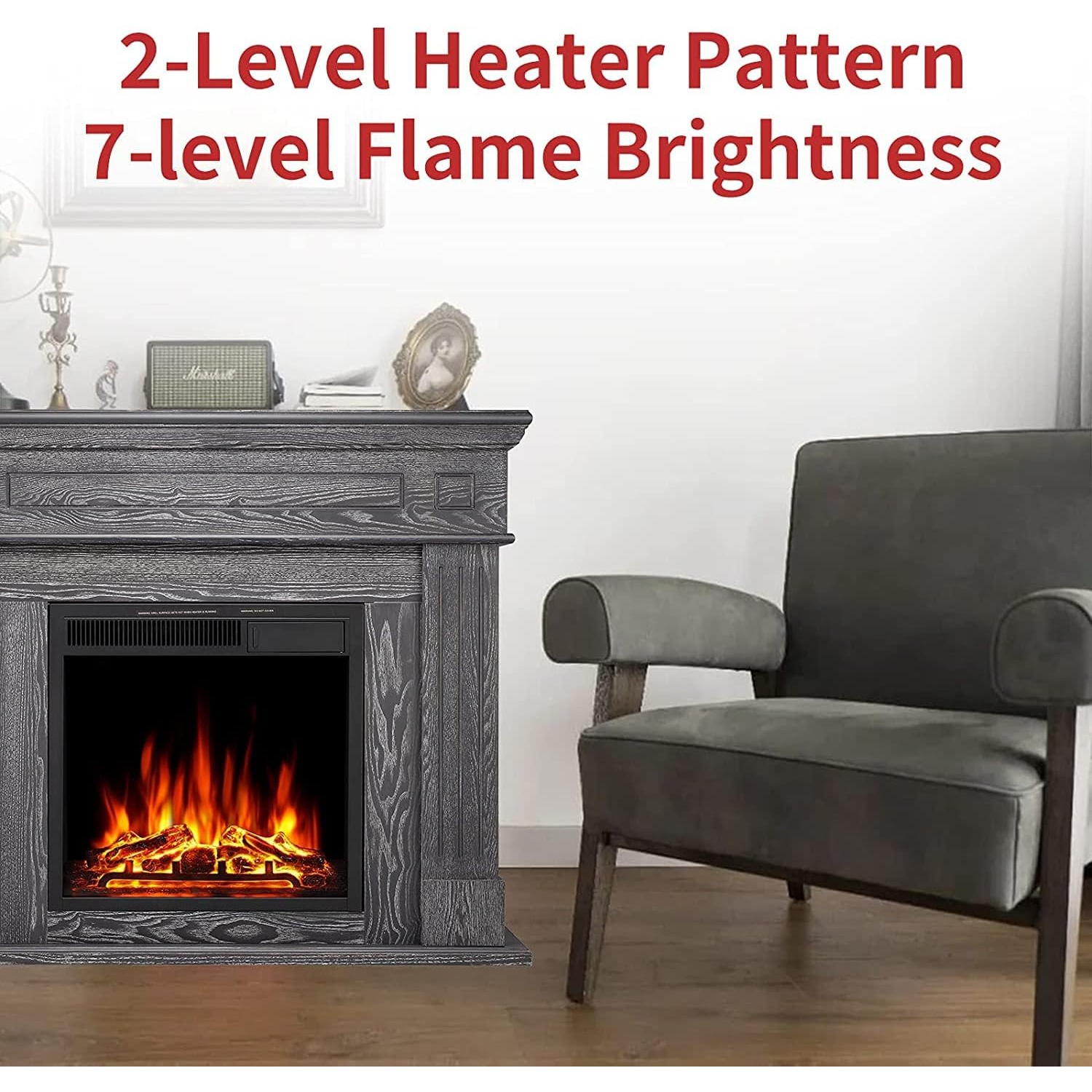 Foyer électrique en bois avec manteau ZAFRO, radiateur encastrable amovible pour le salon, télécommande 750/1500W ETL, gris