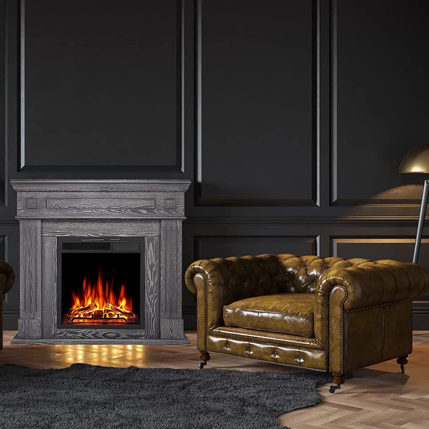 Foyer électrique en bois avec manteau ZAFRO, radiateur encastrable amovible pour le salon, télécommande 750/1500W ETL, gris