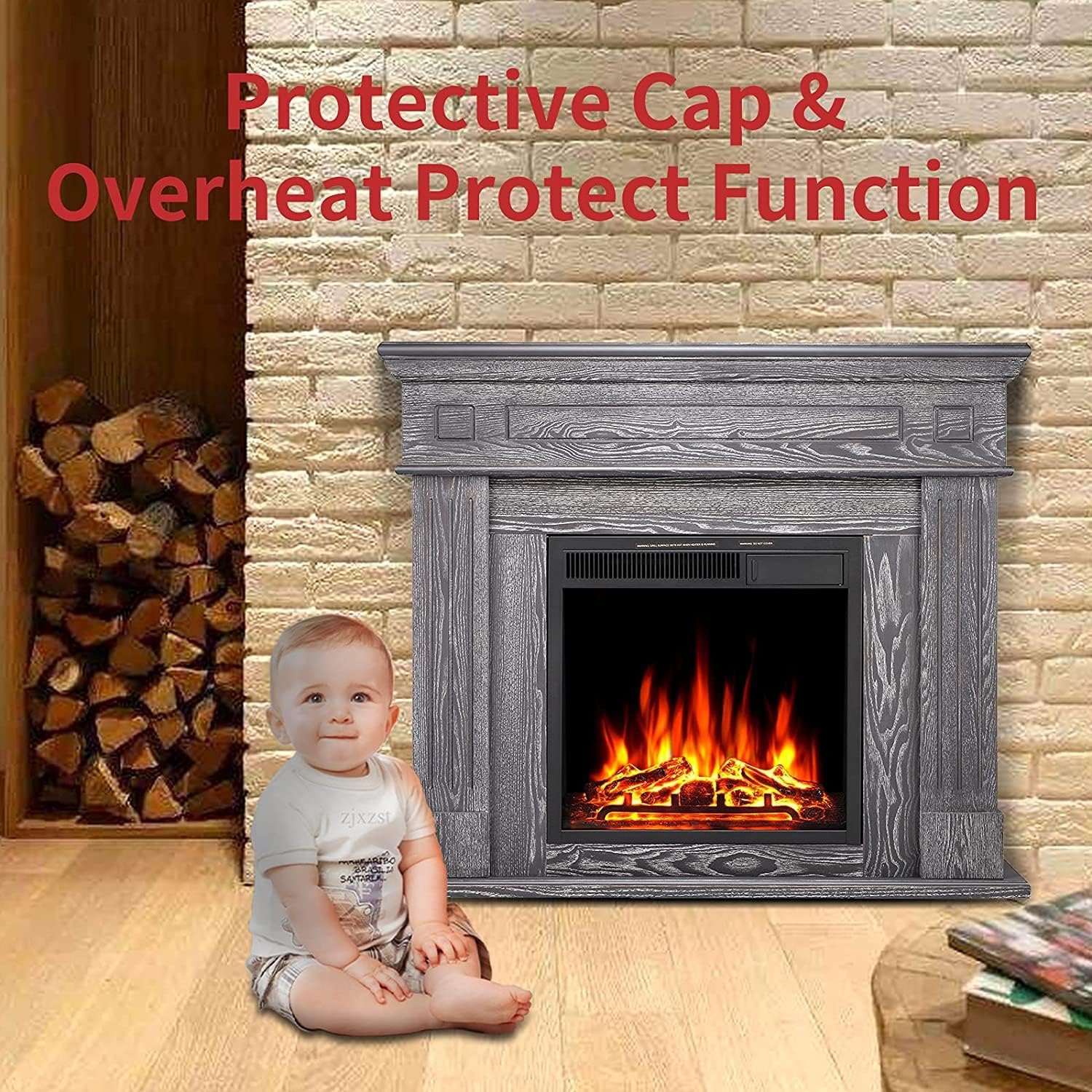 Foyer électrique en bois avec manteau ZAFRO, radiateur encastrable amovible pour le salon, télécommande 750/1500W ETL, gris