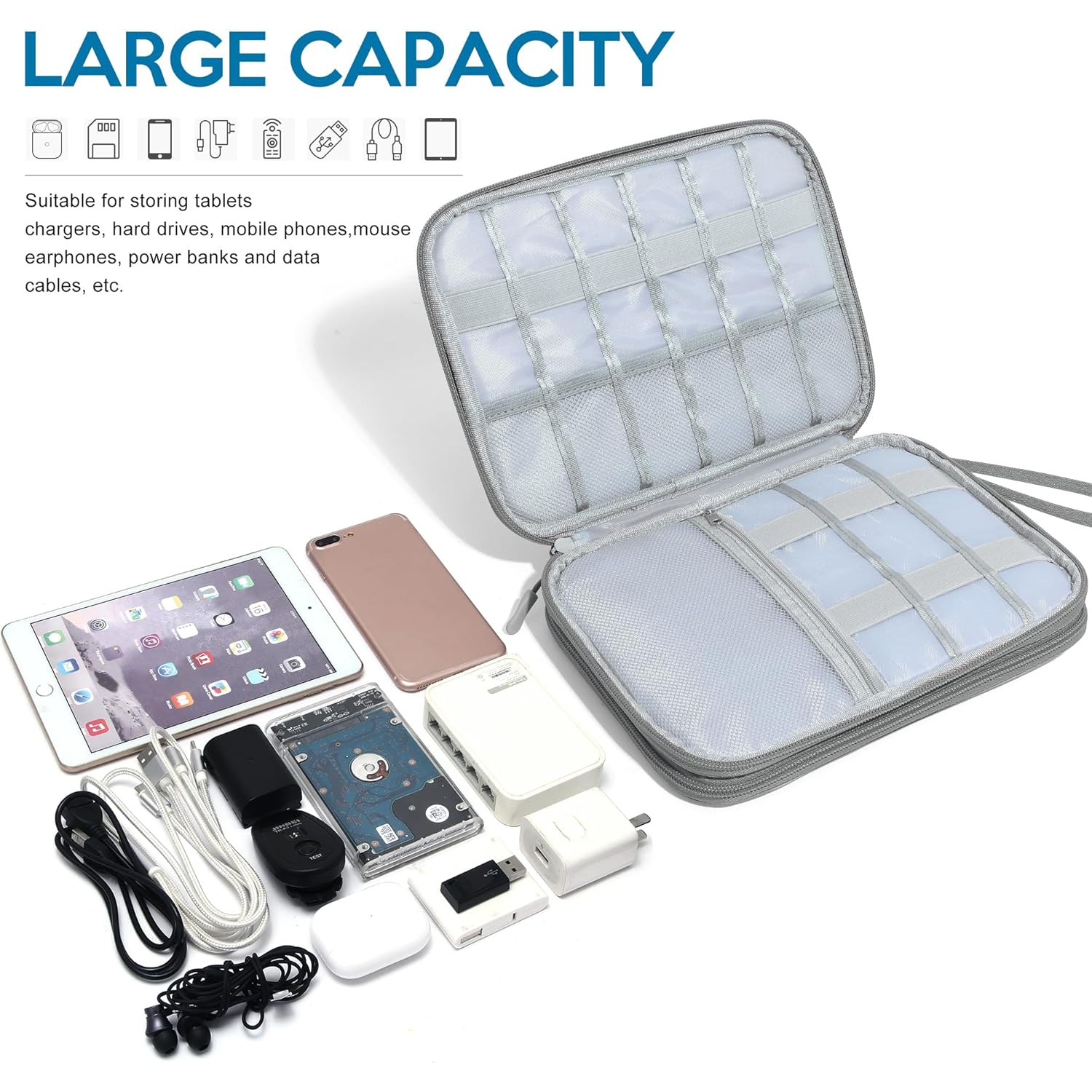 Organisateur électronique de voyage à deux couches pour câbles Sac de rangement portatif pour câble, téléphone, chargeur, alimentation, piles