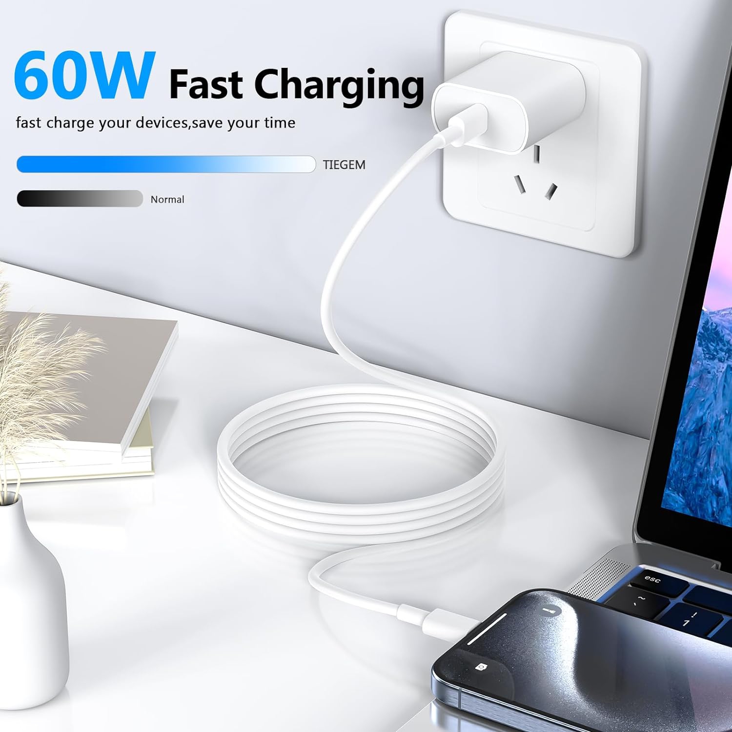 Câble USB-C à USB-C de 3,3 pi pour chargeur d'iPhone 15; Câble 60 W-C à chargement rapide; Câble de chargement USB-C pour iPhone 15 Pro; Piles