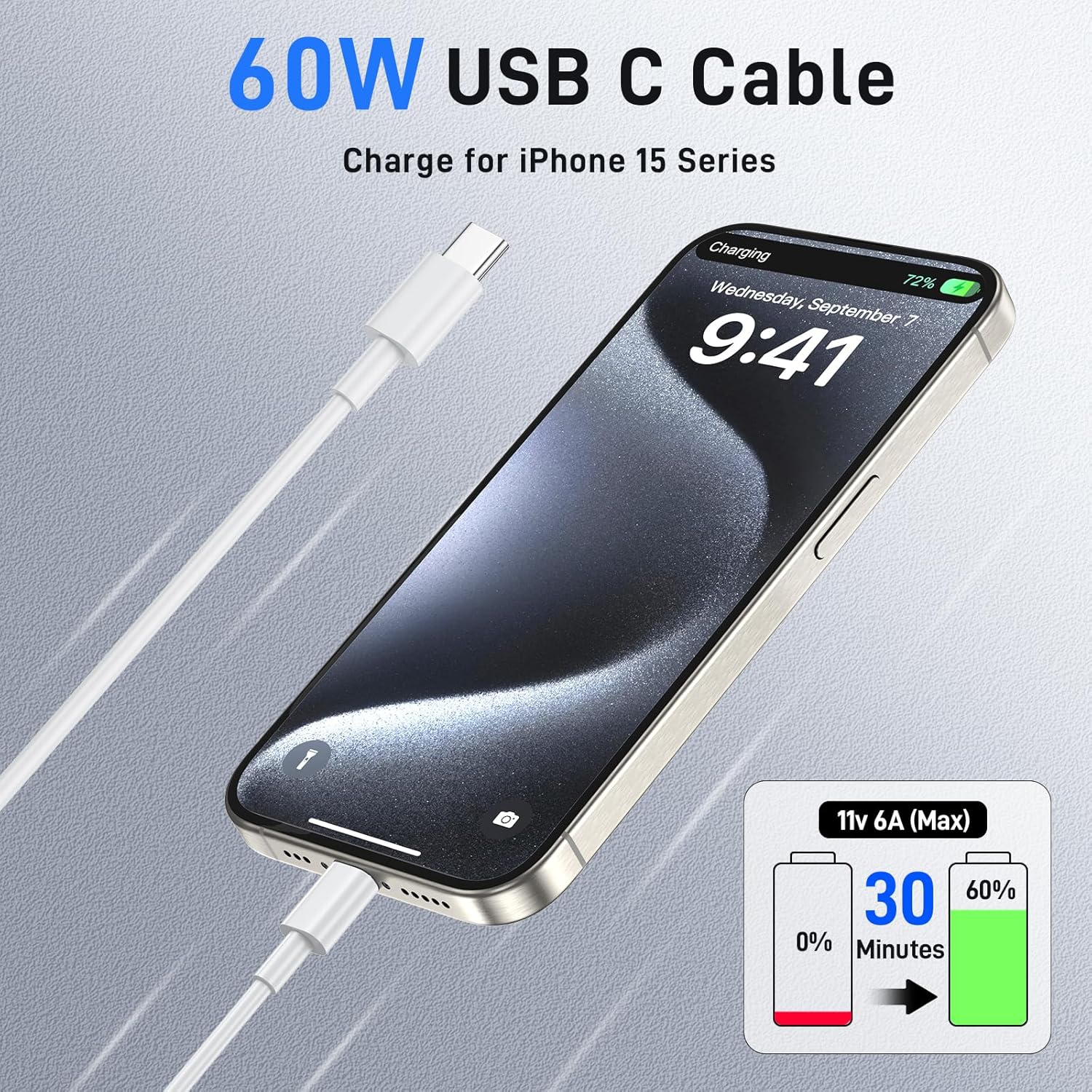 Câble USB-C à USB-C de 3,3 pi pour chargeur d'iPhone 15; Câble 60 W-C à chargement rapide; Câble de chargement USB-C pour iPhone 15 Pro; Piles