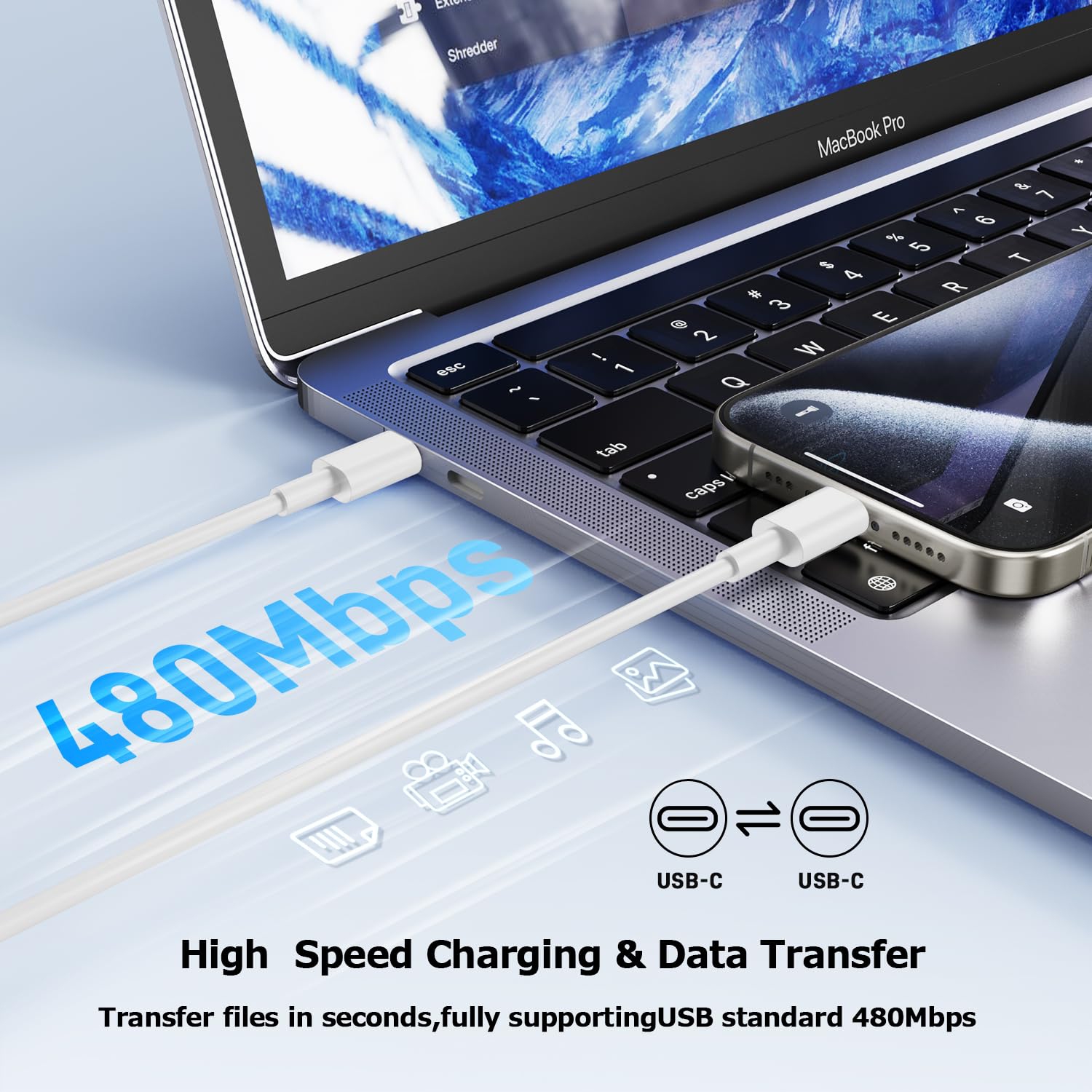 Câble USB-C à USB-C de 3,3 pi pour chargeur d'iPhone 15; Câble 60 W-C à chargement rapide; Câble de chargement USB-C pour iPhone 15 Pro; Piles