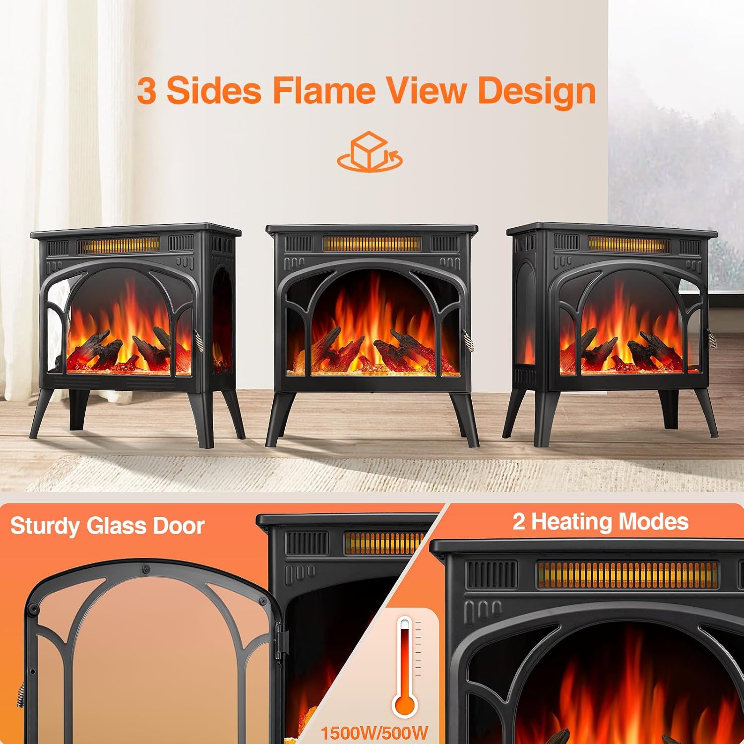 ZAFRO Electric Fireplace Heater w/Remote,24'' Portable Infrared Fireplace Stove w/Multiple 3D Flame, Adjustable Temp & Brightness,Timer 5100BTU