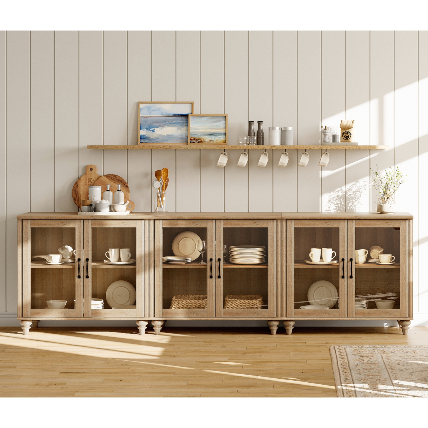 WAMAPT Sideboard Buffet Cabinets with 6-Glass Door,Large Kitchen Storage Cabinets,Wood Coffee Bar Tables with Adjustable Shelf for Dining Room,Living