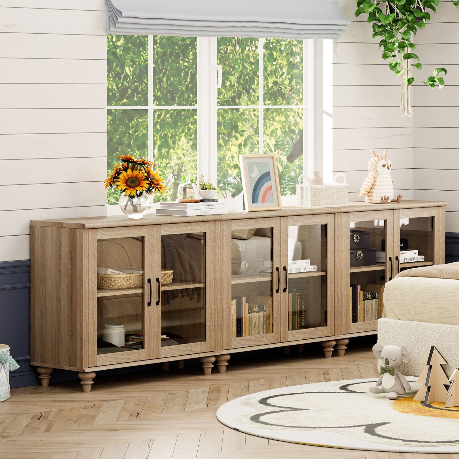 WAMAPT Sideboard Buffet Cabinets with 6-Glass Door,Large Kitchen Storage Cabinets,Wood Coffee Bar Tables with Adjustable Shelf for Dining Room,Living