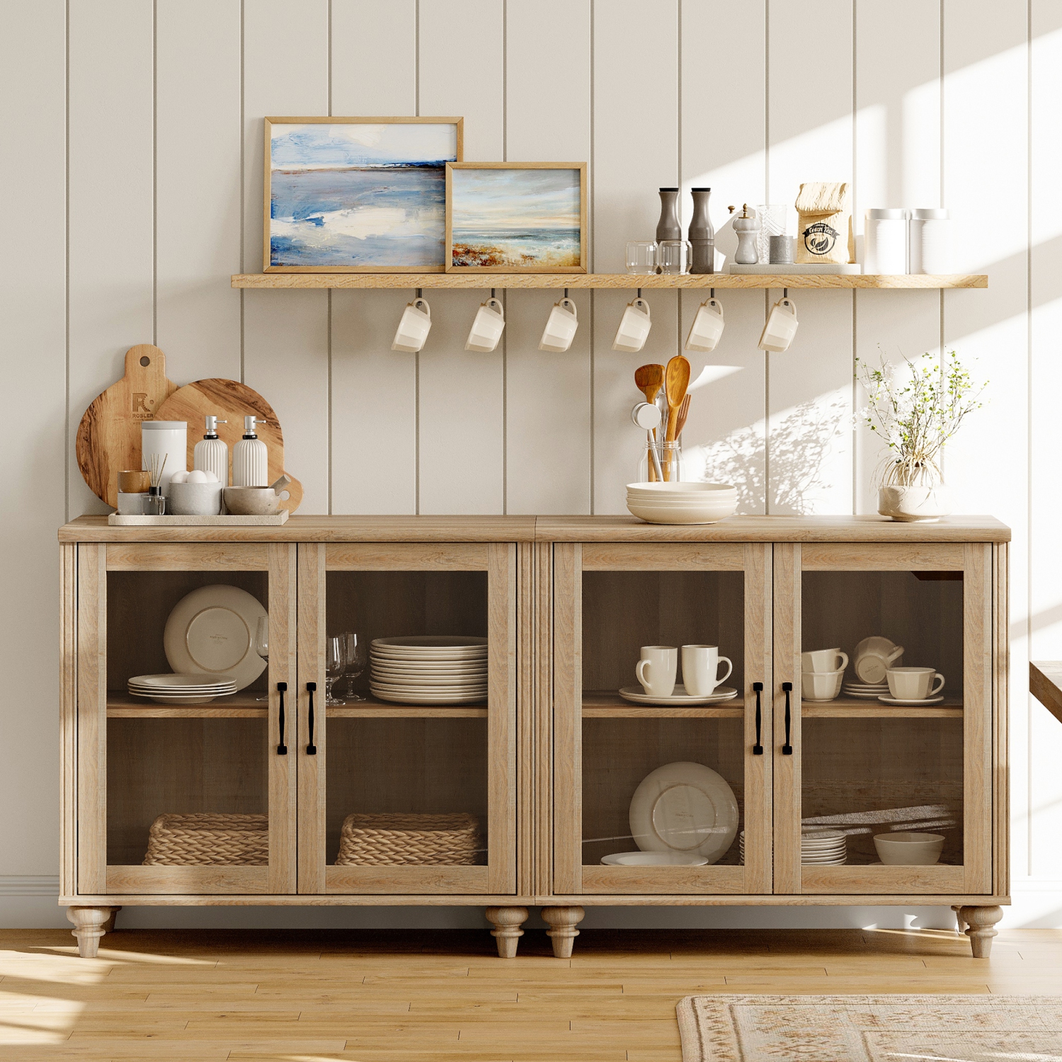 Buffet WAMAPT avec 4 portes en verre, armoires de rangement de cuisine, tables basses en bois avec tablette réglable pour la salle à manger, salon,