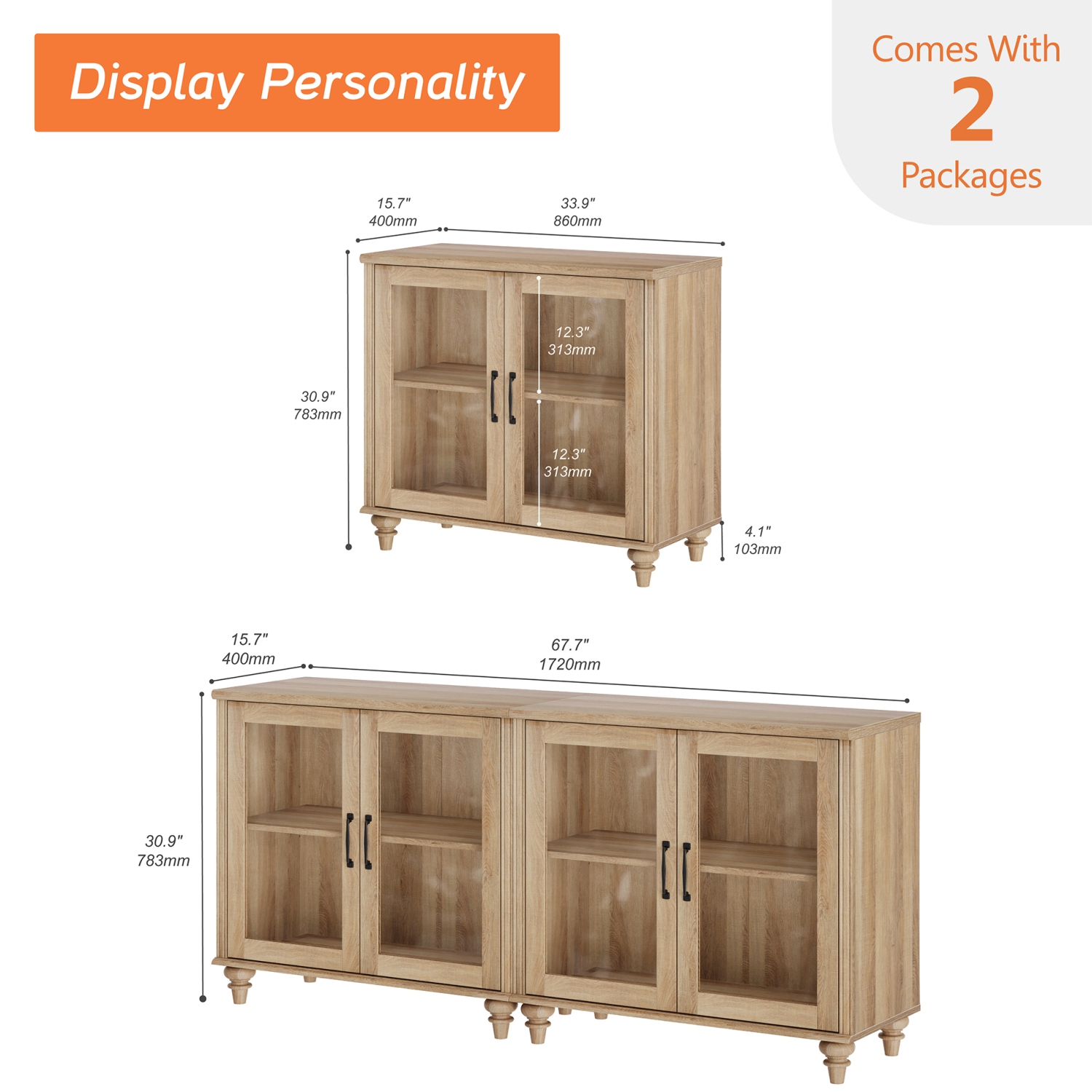 Buffet WAMAPT avec 4 portes en verre, armoires de rangement de cuisine, tables basses en bois avec tablette réglable pour la salle à manger, salon,