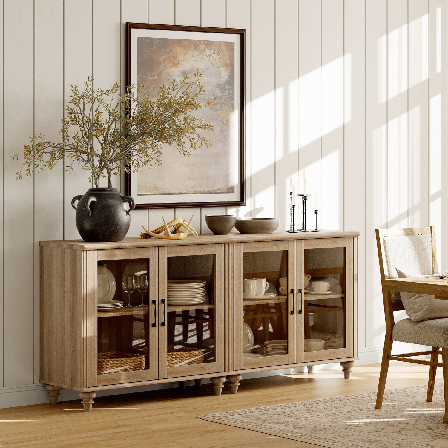 Buffet WAMAPT avec 4 portes en verre, armoires de rangement de cuisine, tables basses en bois avec tablette réglable pour la salle à manger, salon,