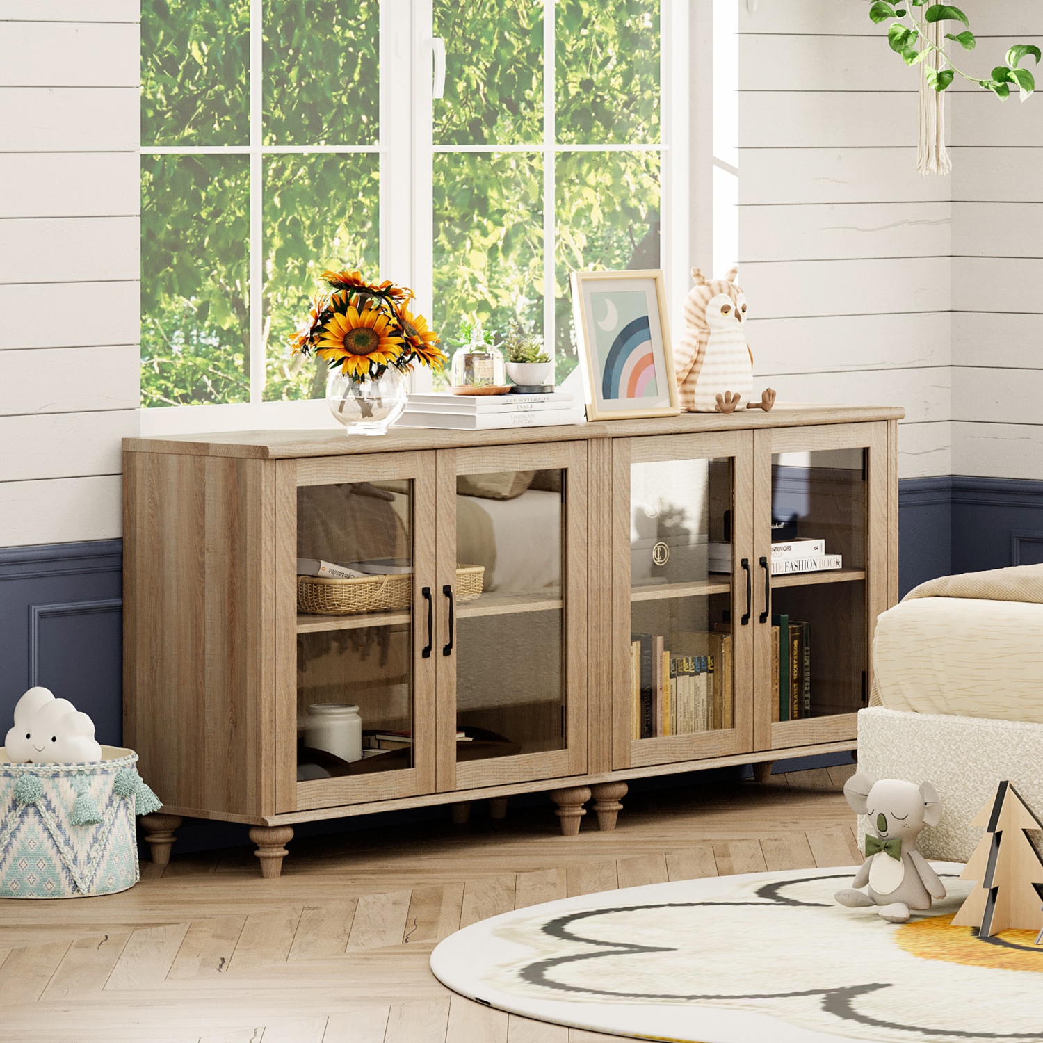 Buffet WAMAPT avec 4 portes en verre, armoires de rangement de cuisine, tables basses en bois avec tablette réglable pour la salle à manger, salon,