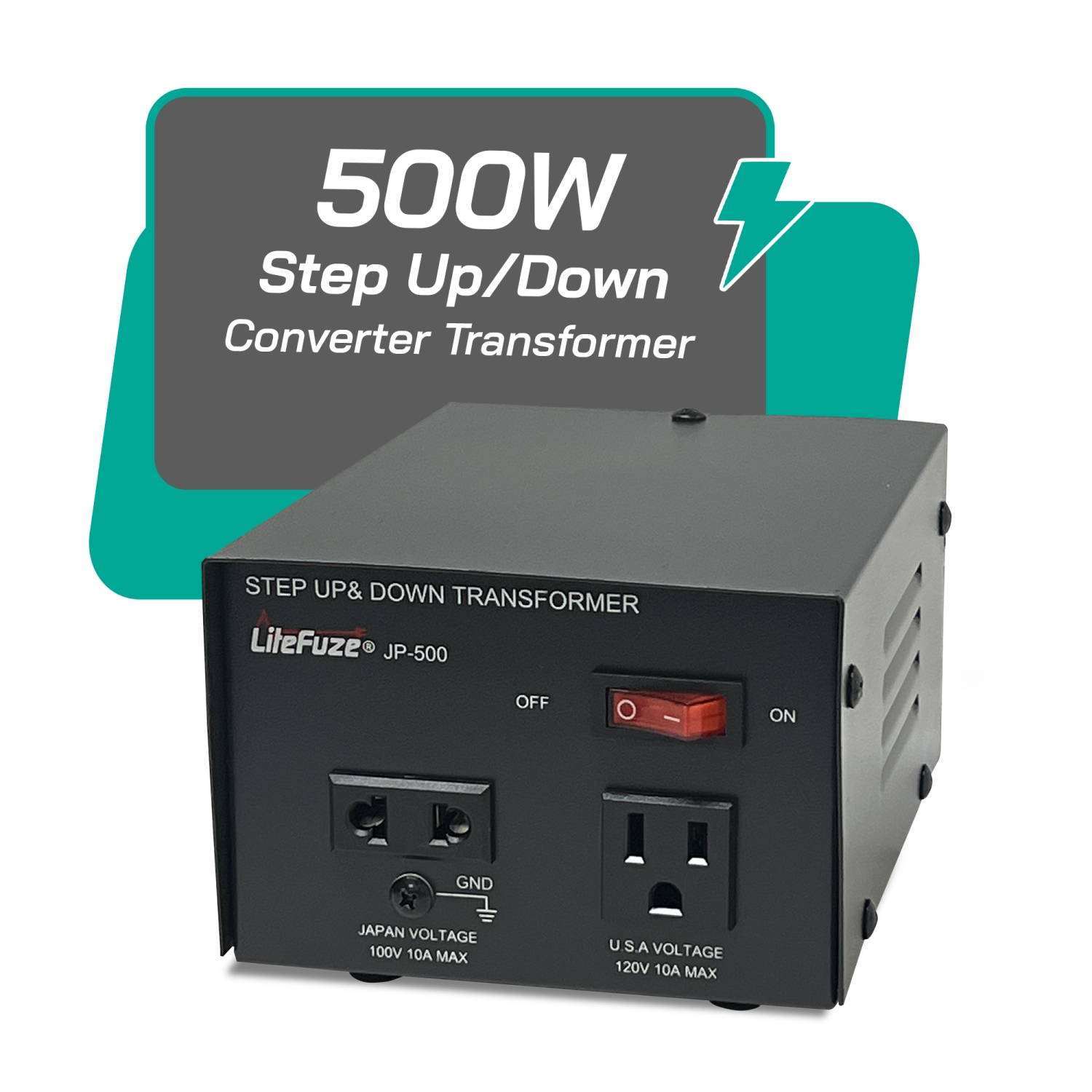LiteFuze JP-500 Heavy Duty Step Up & Down Transformer - 500W Voltage Converter Japanese and US appliances only with Fuse Protection