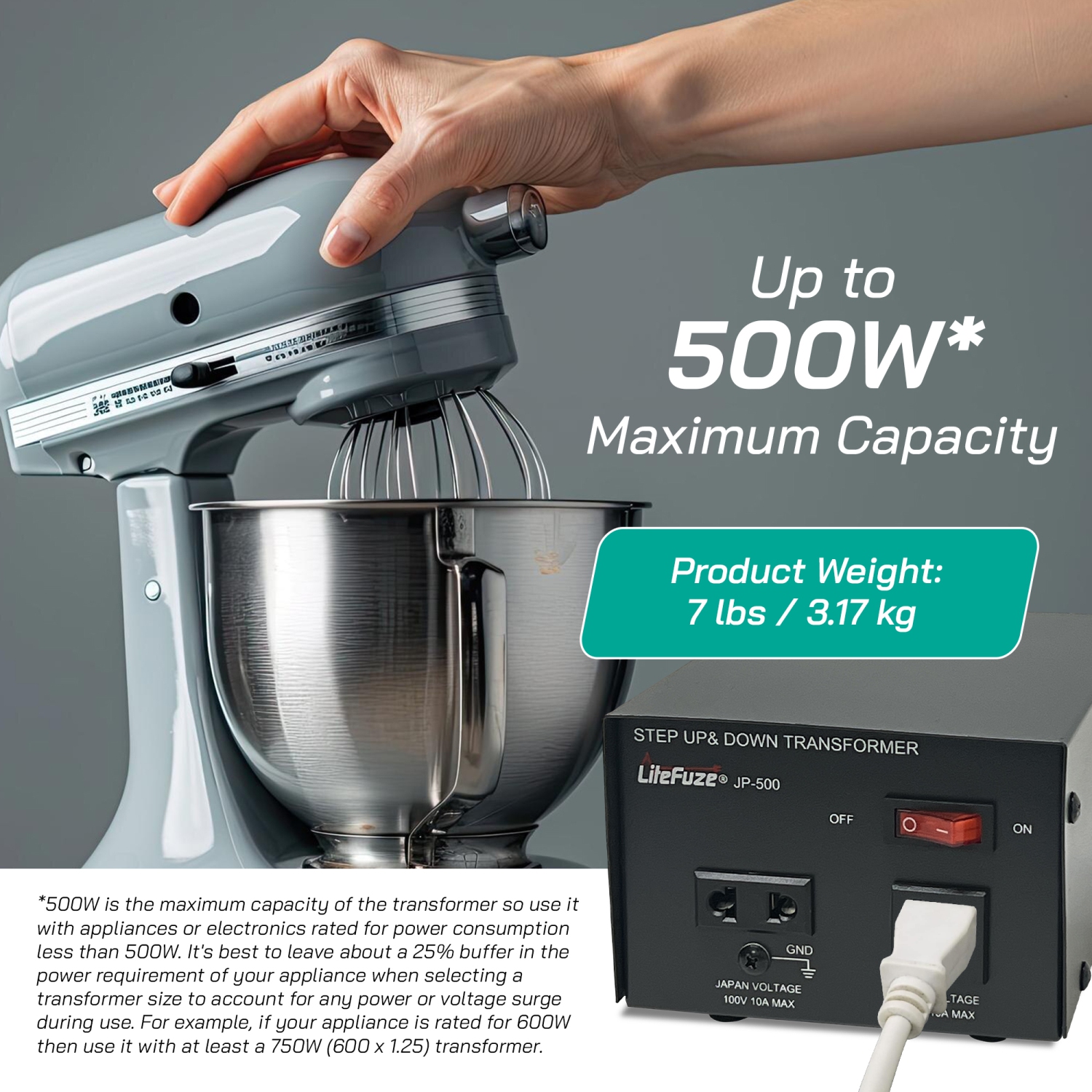 LiteFuze JP-500 Heavy Duty Step Up & Down Transformer - 500W Voltage Converter Japanese and US appliances only with Fuse Protection