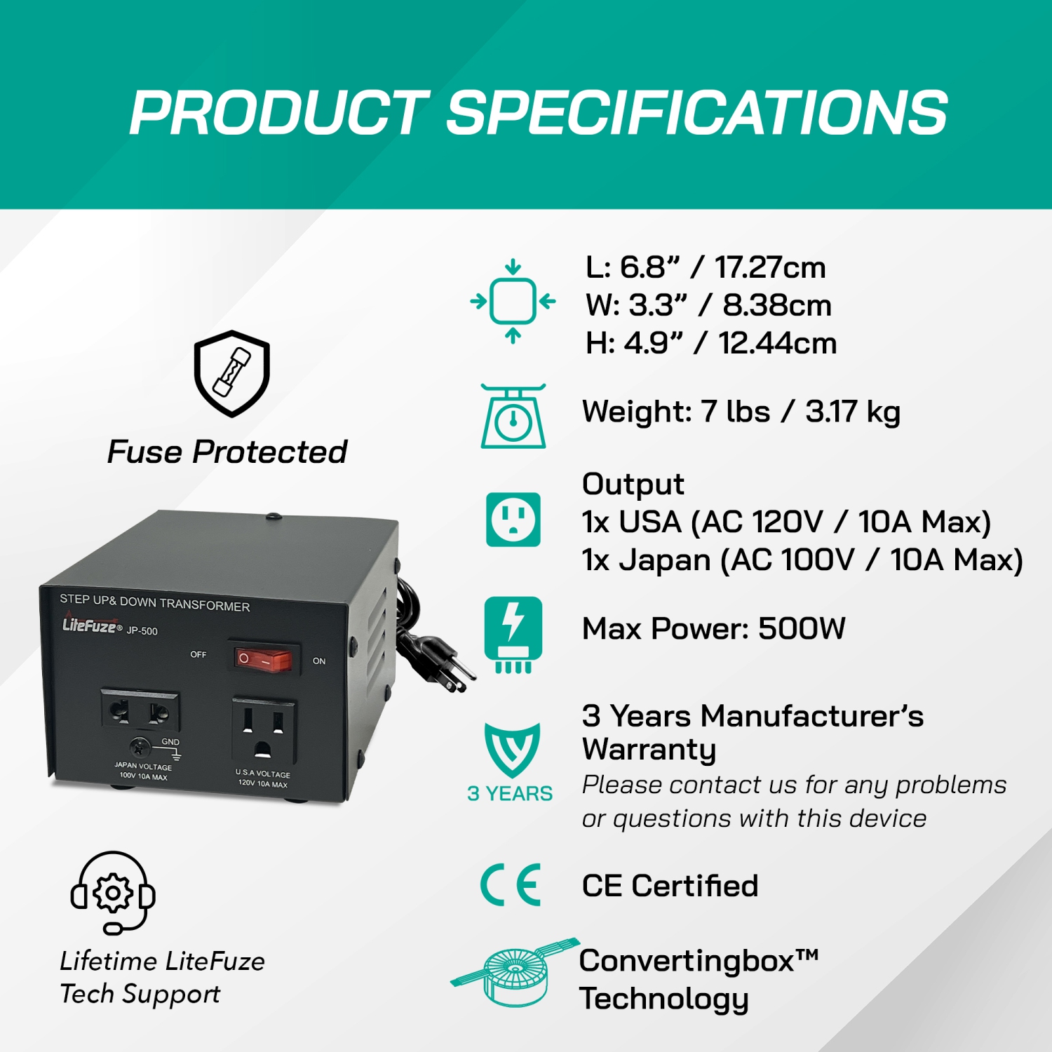 LiteFuze JP-500 Heavy Duty Step Up & Down Transformer - 500W Voltage Converter Japanese and US appliances only with Fuse Protection
