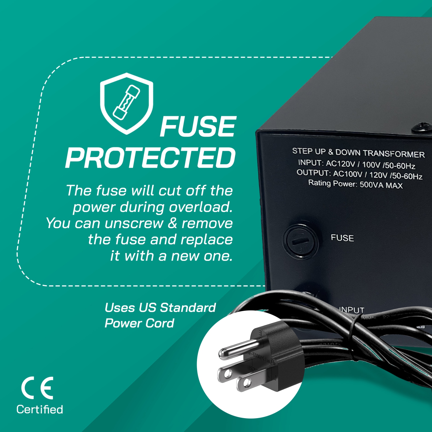 LiteFuze JP-500 Heavy Duty Step Up & Down Transformer - 500W Voltage Converter Japanese and US appliances only with Fuse Protection