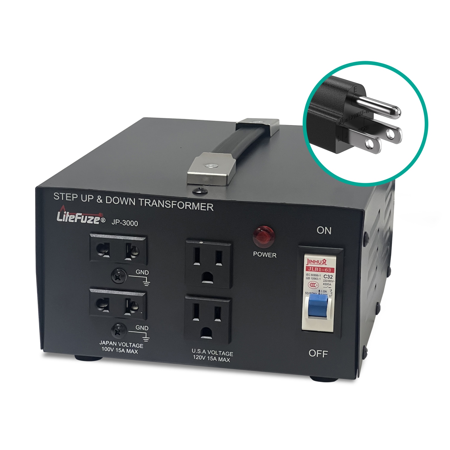 Transformateur de tension 3000&nbsp;W Japon de Litefuze - Monter/descendre de 100 V à 120 V et 120 V à 100 V - Certifié CE avec protection de