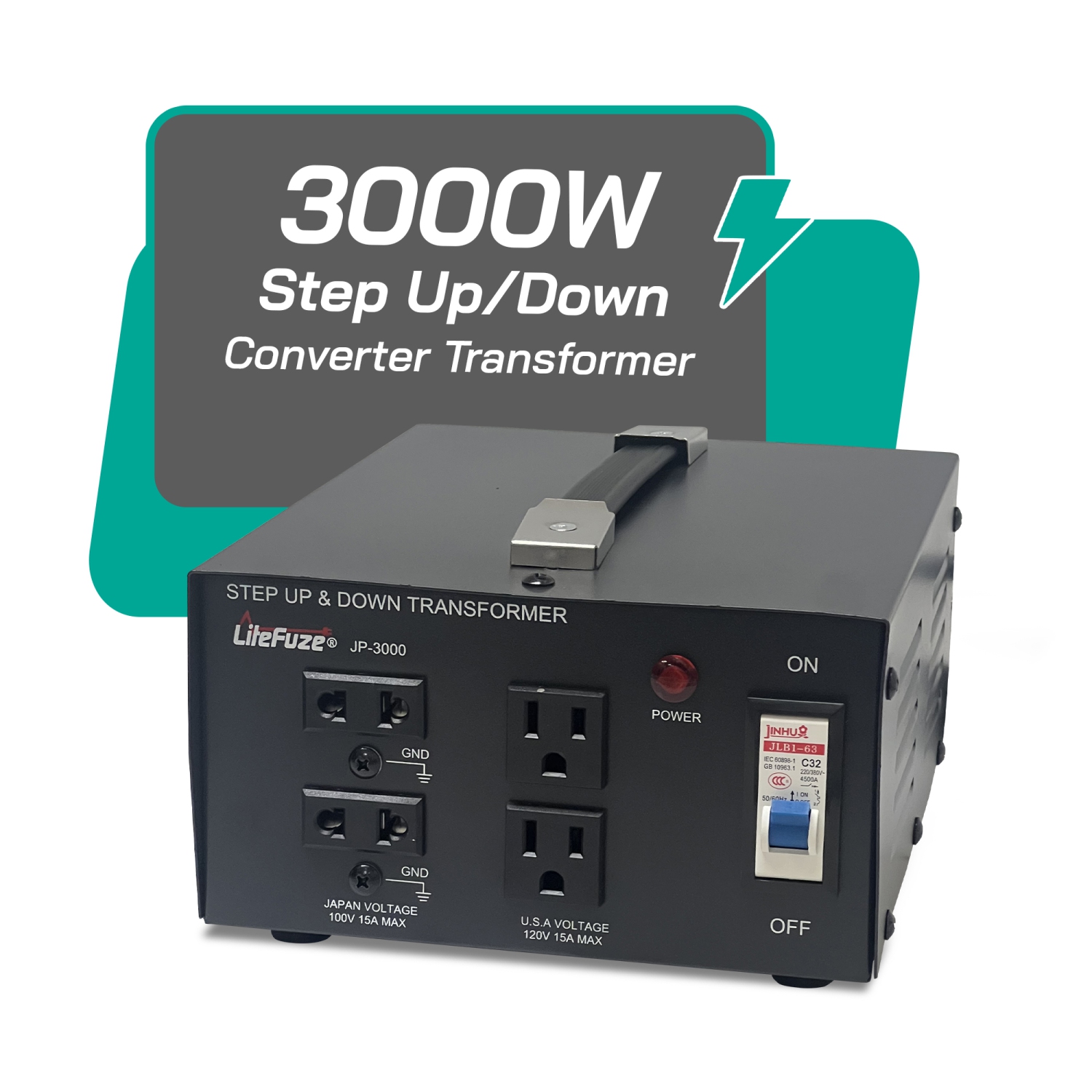 Transformateur de tension 3000&nbsp;W Japon de Litefuze - Monter/descendre de 100 V à 120 V et 120 V à 100 V - Certifié CE avec protection de