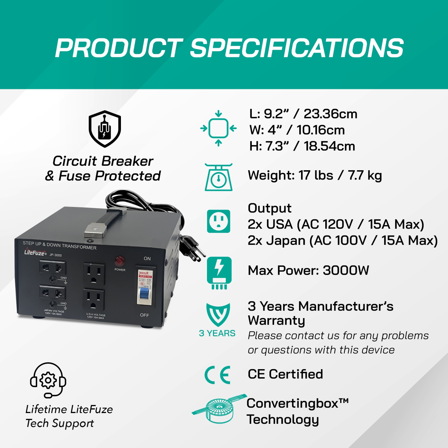 Transformateur de tension 3000&nbsp;W Japon de Litefuze - Monter/descendre de 100 V à 120 V et 120 V à 100 V - Certifié CE avec protection de