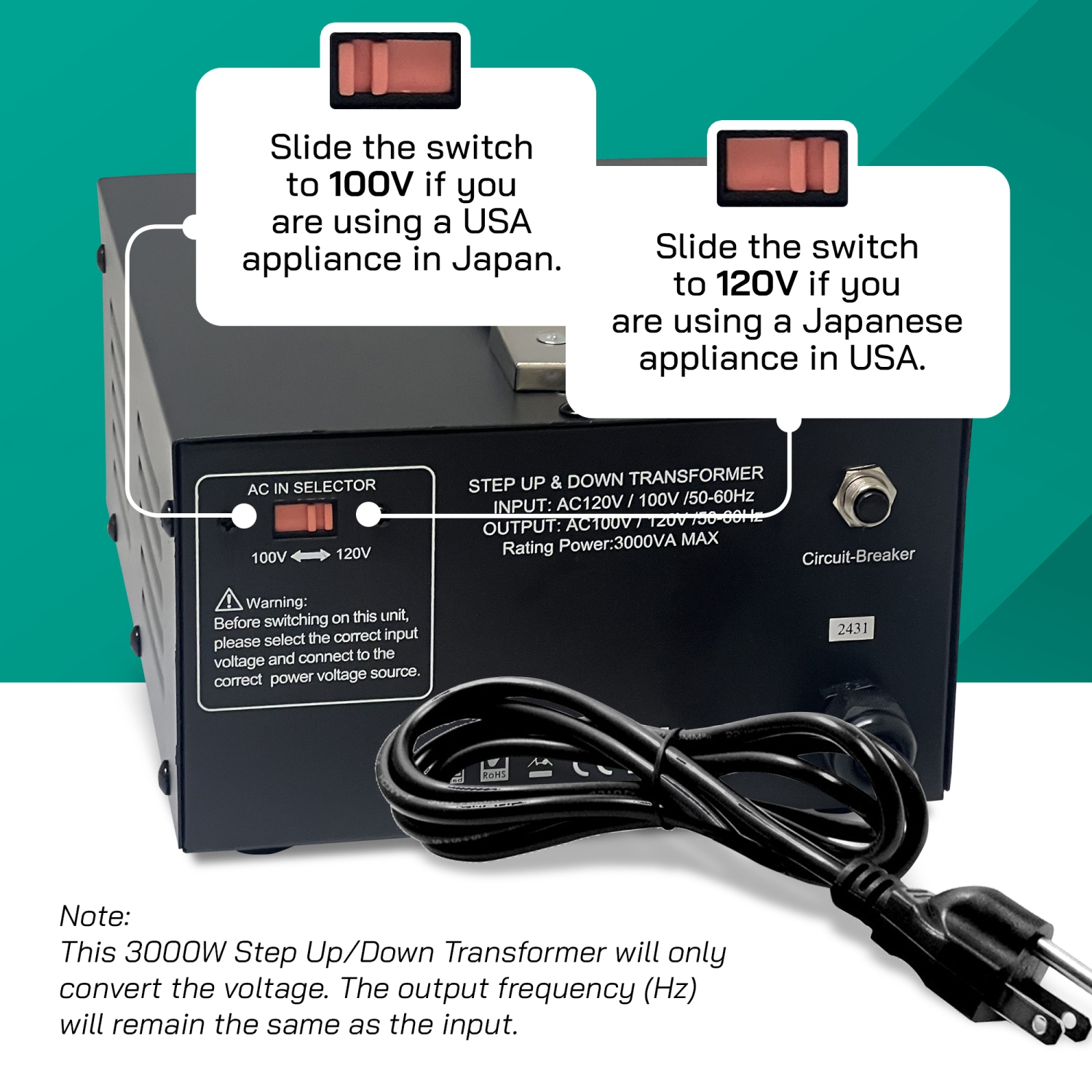 Transformateur de tension 3000&nbsp;W Japon de Litefuze - Monter/descendre de 100 V à 120 V et 120 V à 100 V - Certifié CE avec protection de