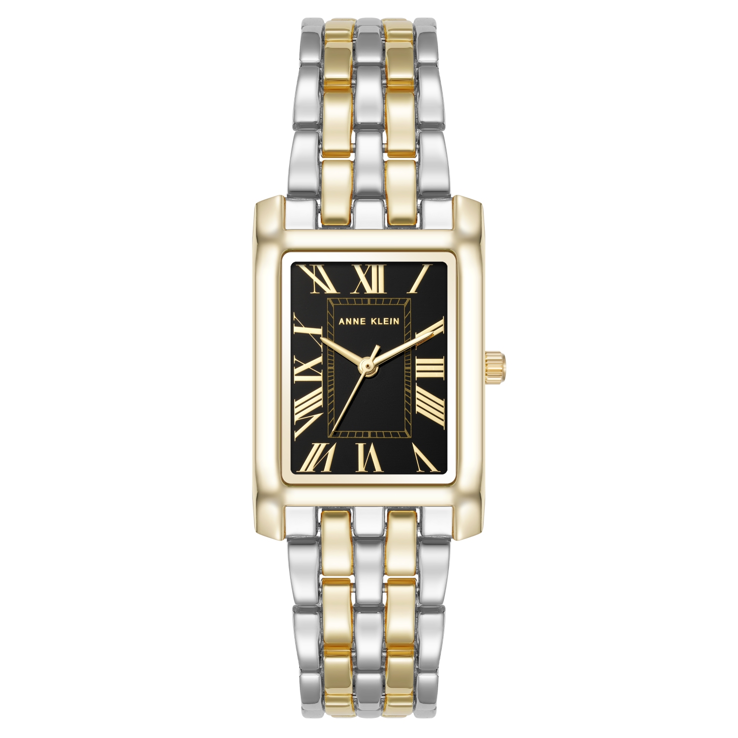 Anne Klein Women’s 25mm Two-Tone Rectangular Watch with Black Dial and Gold-Silver Bracelet