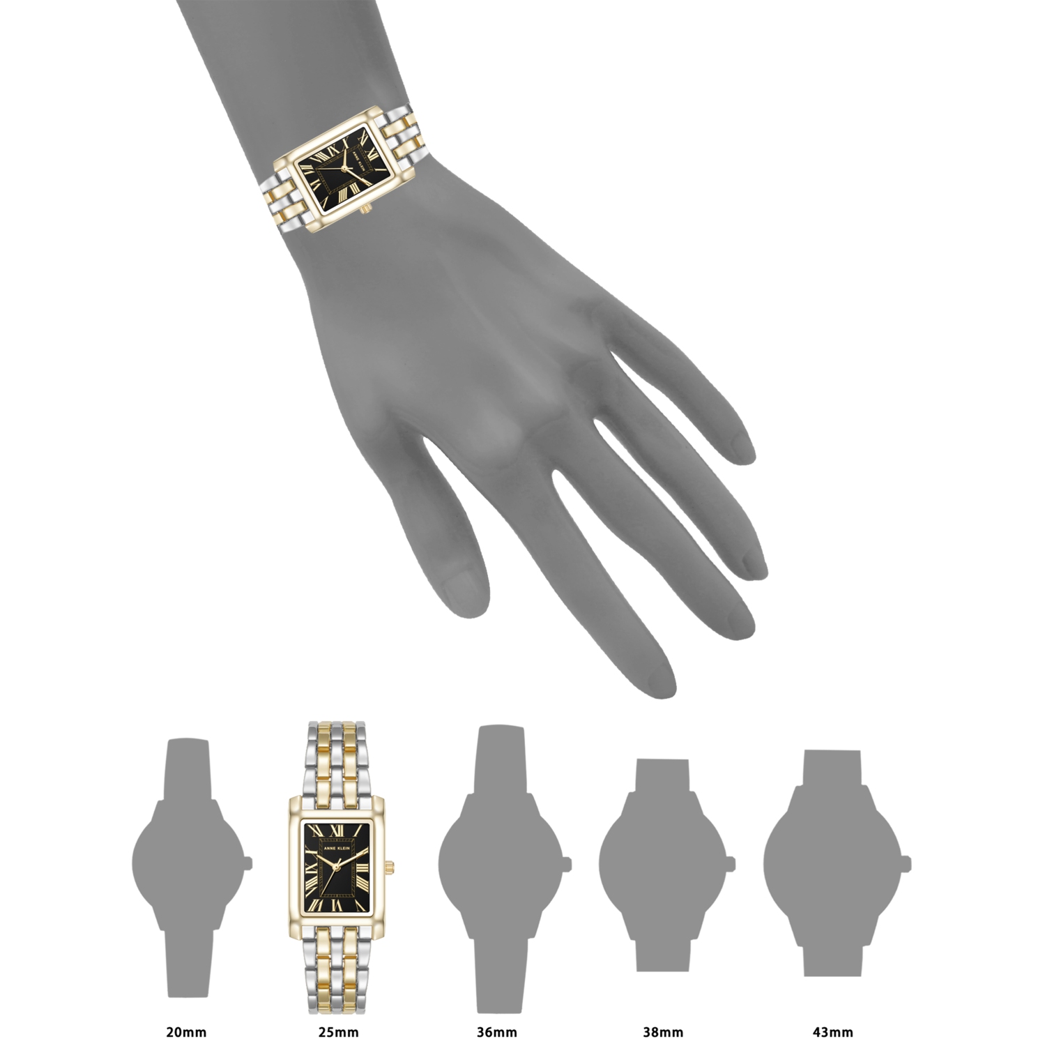 Anne Klein Women’s 25mm Two-Tone Rectangular Watch with Black Dial and Gold-Silver Bracelet