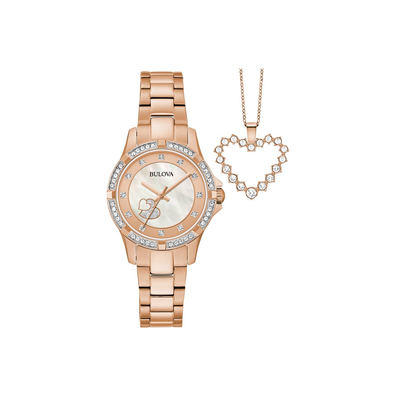 Bulova - Boîtier et bracelet en inox rose doré 31,5&nbsp;mm avec cadran rose doré et collier pendentif coeur correspondant