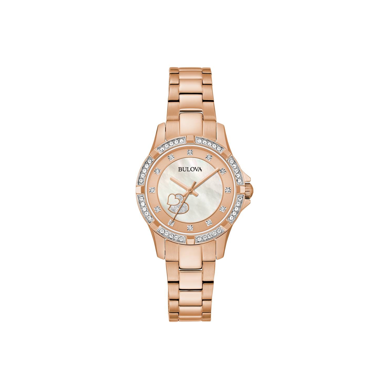 Bulova - Boîtier et bracelet en inox rose doré 31,5&nbsp;mm avec cadran rose doré et collier pendentif coeur correspondant