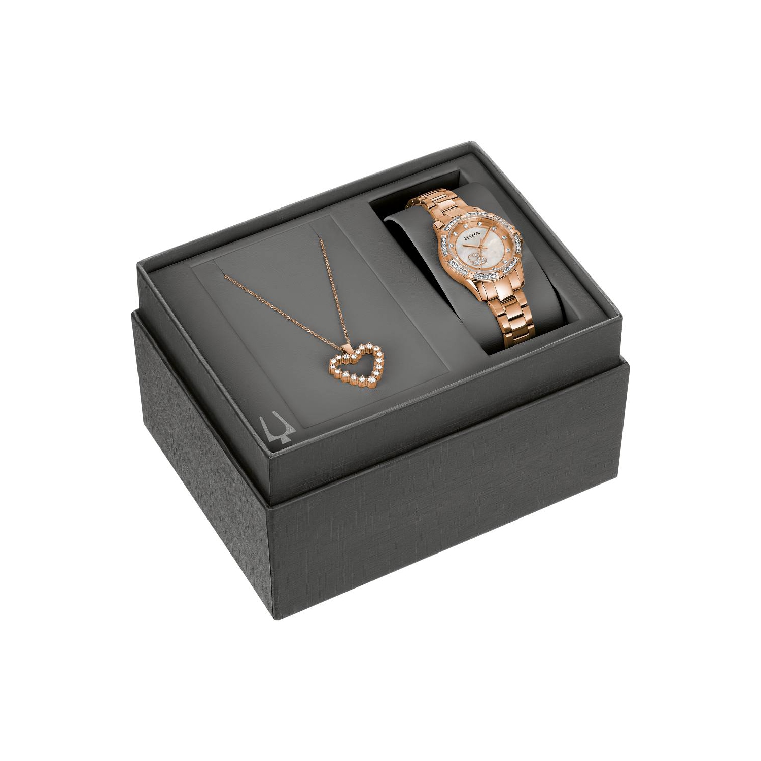 Bulova - Boîtier et bracelet en inox rose doré 31,5&nbsp;mm avec cadran rose doré et collier pendentif coeur correspondant