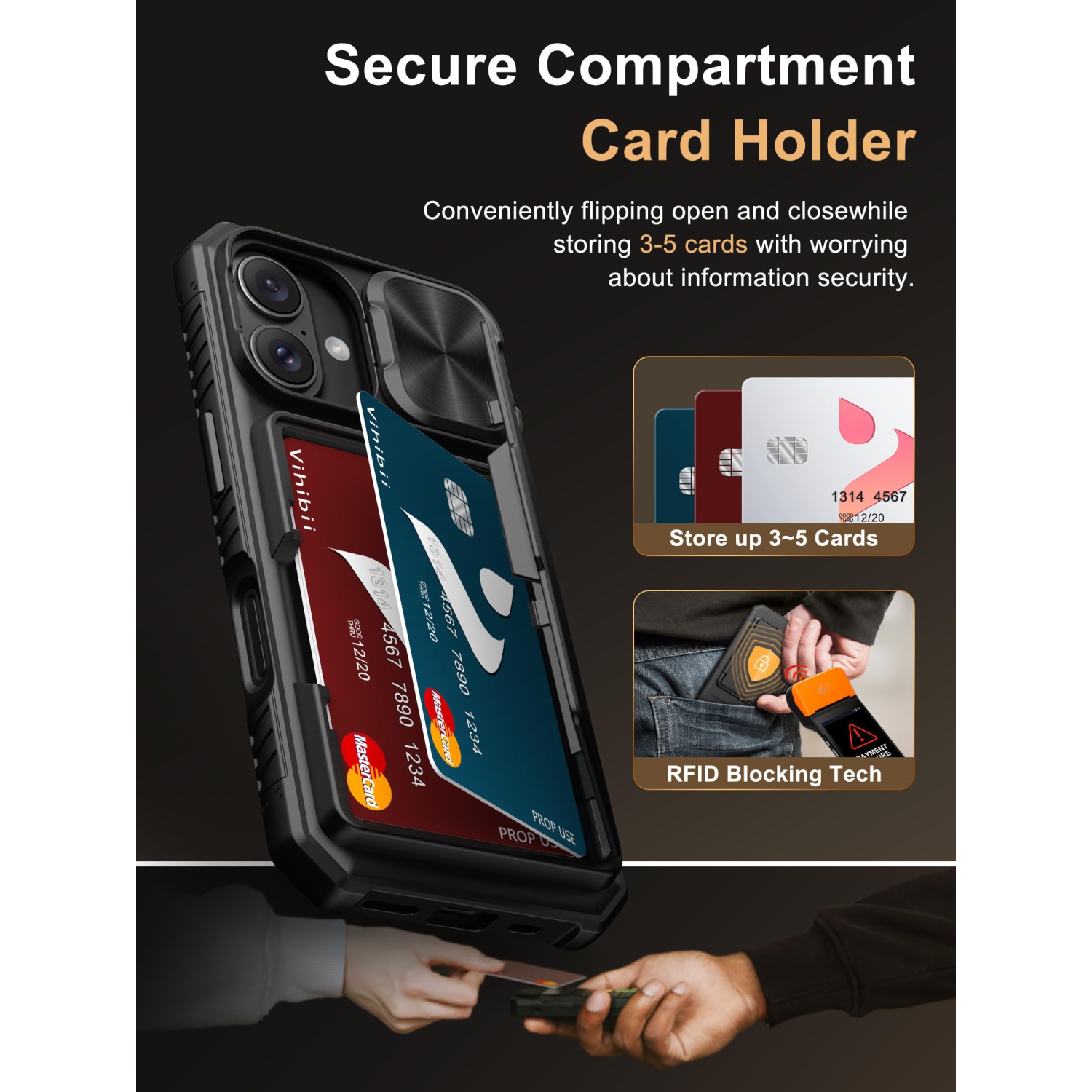 iPhone 16 Case Wallet with Card Holder RFID Blocking & Slide Camera Cover, Military Grade Drop Protection, Rugged Hard Back & Silicone Edge Phone