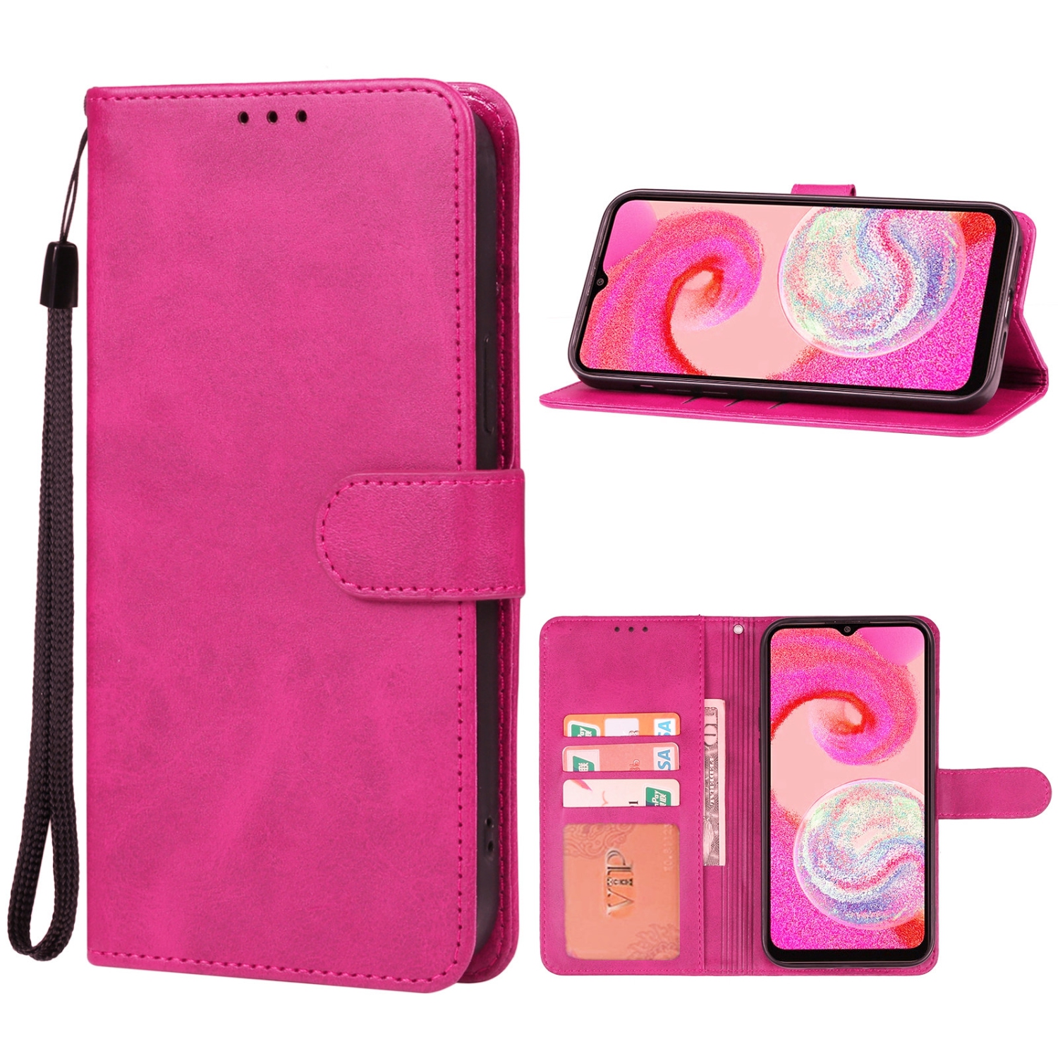 [CS] Magnetic Card Slot Leather Folio Wallet Flip Case Cover for Samsung Galaxy A16, Hot Pink