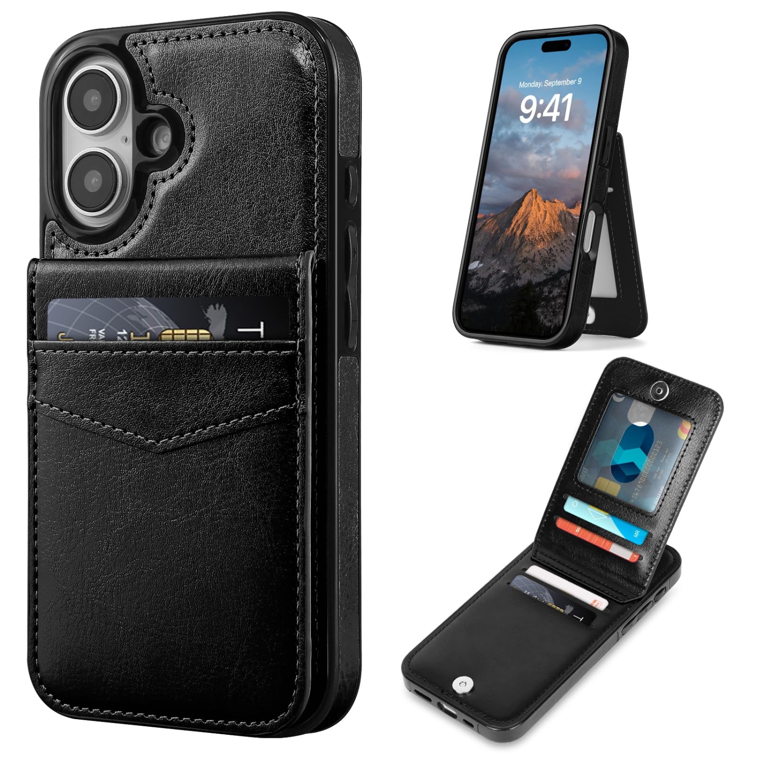 Wallet Case for iPhone 16 6.1 Inch with Card Holder Slots PU Leather Kickstand Magnetic Lock Durable Lightweight Shockproof Full Body Protective