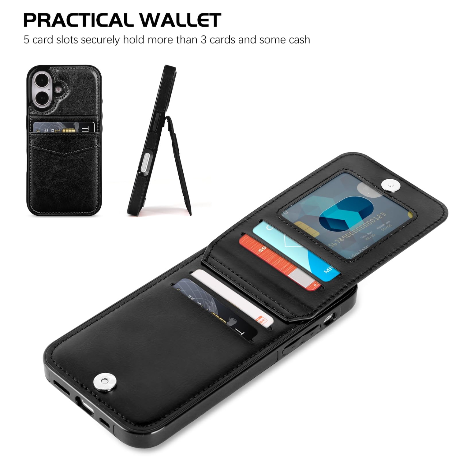Wallet Case for iPhone 16 6.1 Inch with Card Holder Slots PU Leather Kickstand Magnetic Lock Durable Lightweight Shockproof Full Body Protective
