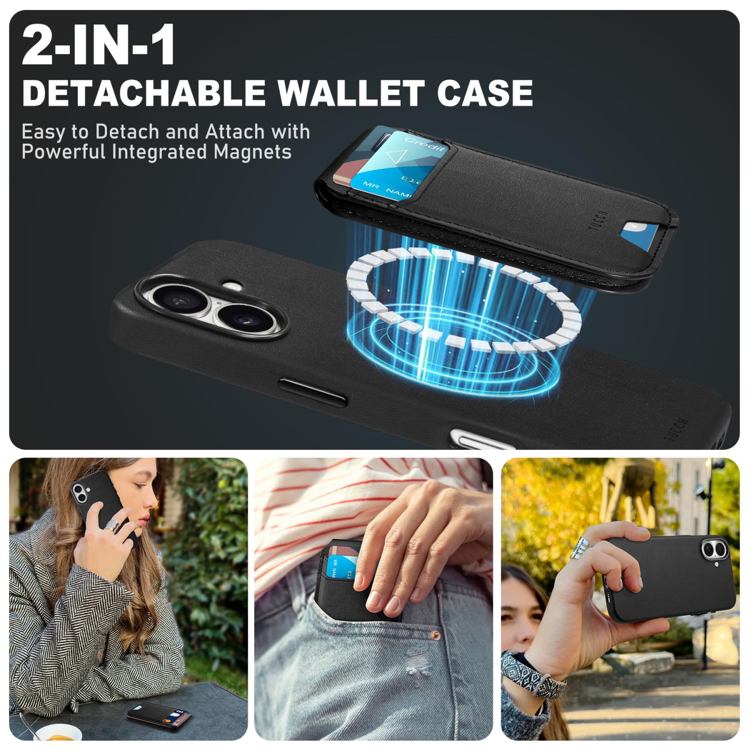 iPhone 16 6.1" with Removable Wallet, 5 Card Holders Adjustable Stand Wallet Wireless Charging Anti-Slip RFID Blocking Slim PU Leather Cover