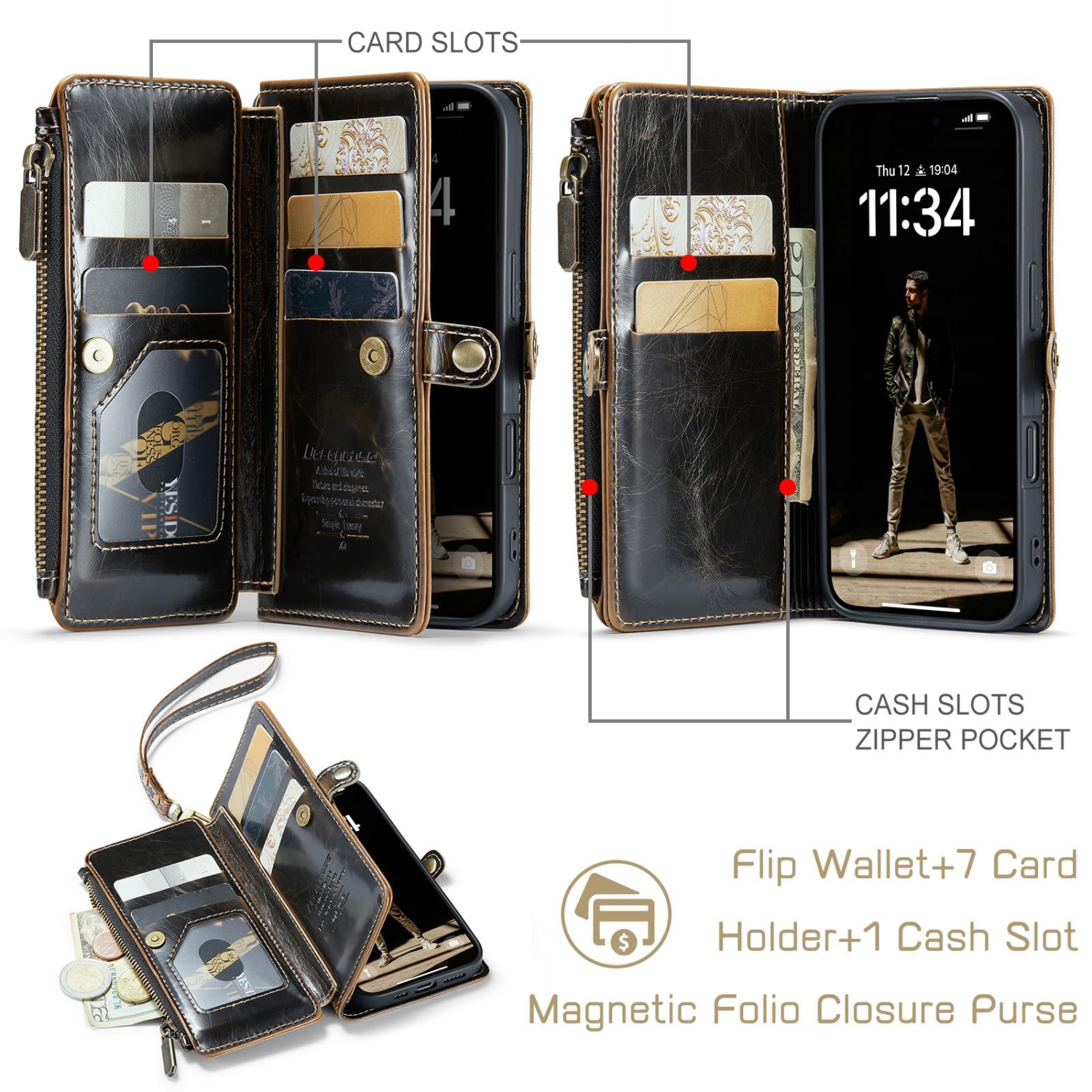 Étui pour iPhone 16? Blocage RFID? Pour iPhone 16 Étui portefeuille pour femme homme avec porte-carte, PU cuir fermeture éclair éclair étui
