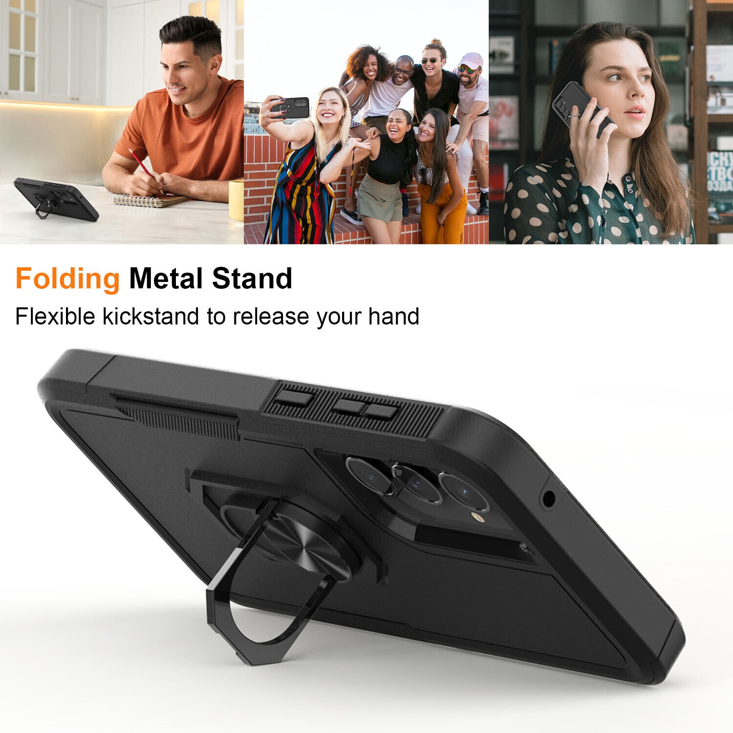 [CS] Shockproof Heavy Duty Magnetic Hard Armor Kickstand Case with Ring Holder for Samsung Galaxy A16, Black