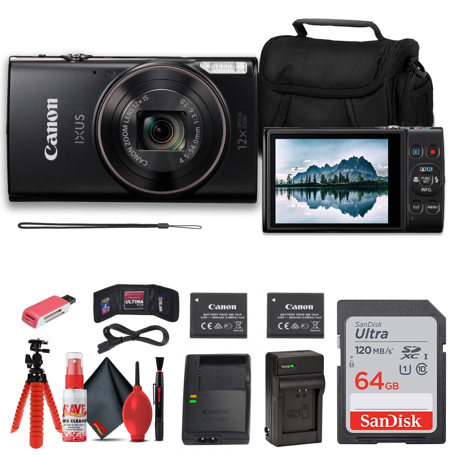 Canon PowerShot IXUS 285 HS 12X Optical Zoom Digital Camera (1076C001) + NB11L Battery + 64GB Memory Card + Case + Charger + Card Reader + Flex