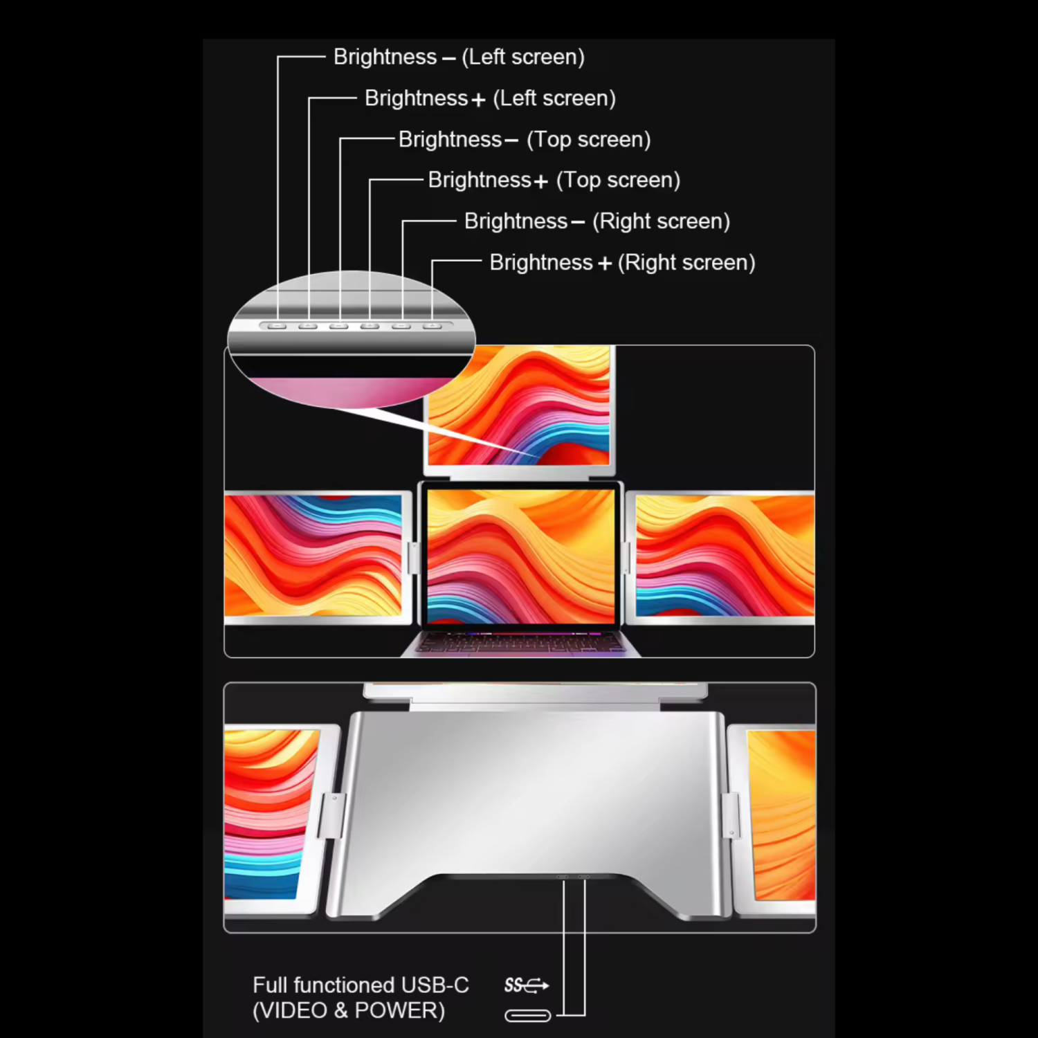 Prolongateur TUTT pour quatre écrans de 16&nbsp;po | Configuration d'un câble simple | IPS 16:10 | Moniteur portatif autonome pour portable Mac et
