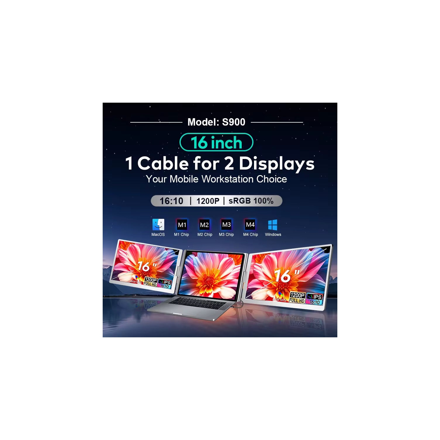 Moniteur portatif double TUTT de 16&nbsp;po | Connexion par câble simple | Format 16:10 IPS, conception autonome | Windows, MacBook | S900