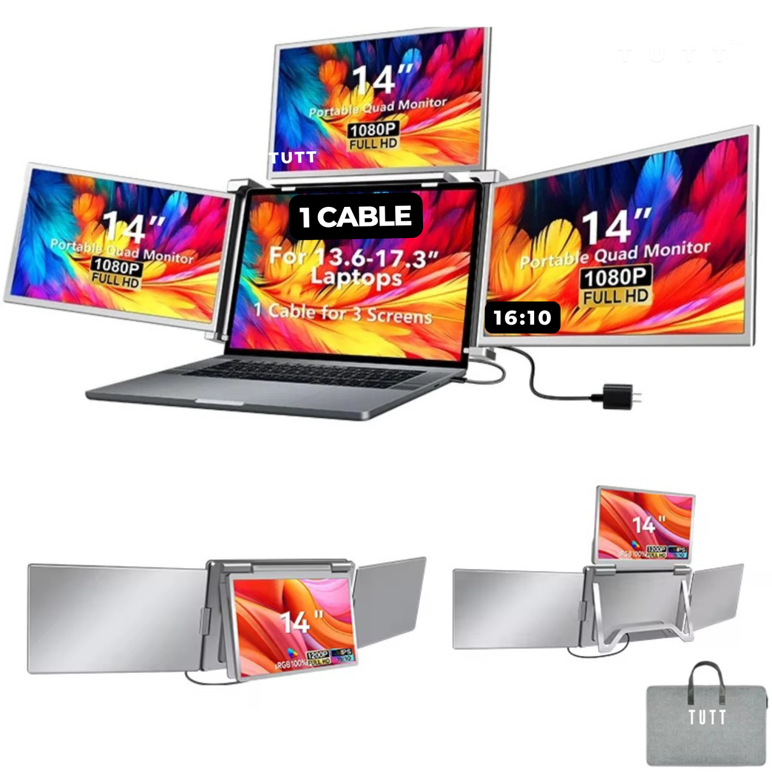 TUTT 14” Quad Screen Extender | Single Cable Setup | 16:10 IPS | Stand-Alone Portable Monitor For Laptop Mac & Windows S780